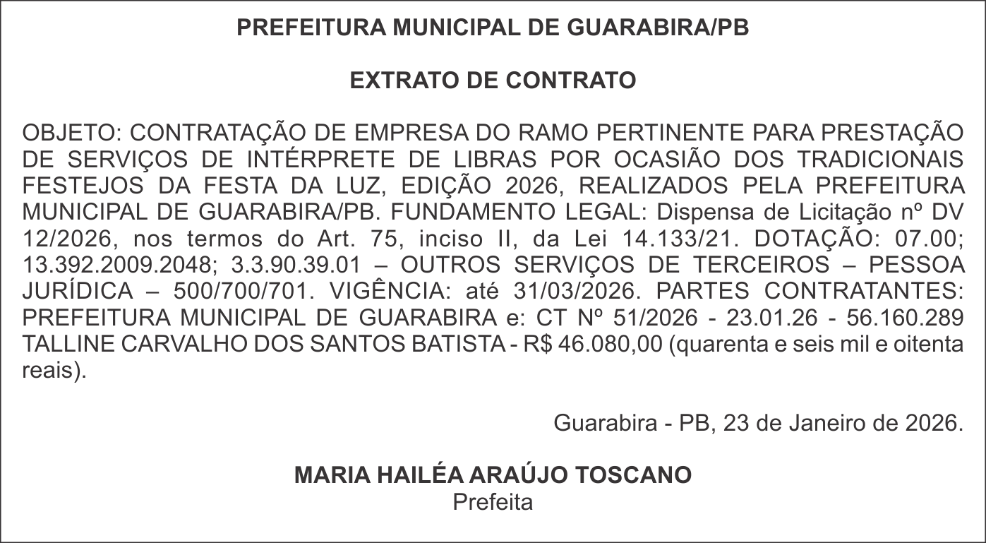 PREFEITURA MUNICIPAL DE GUARABIRA/PB – EXTRATO DE CONTRATO