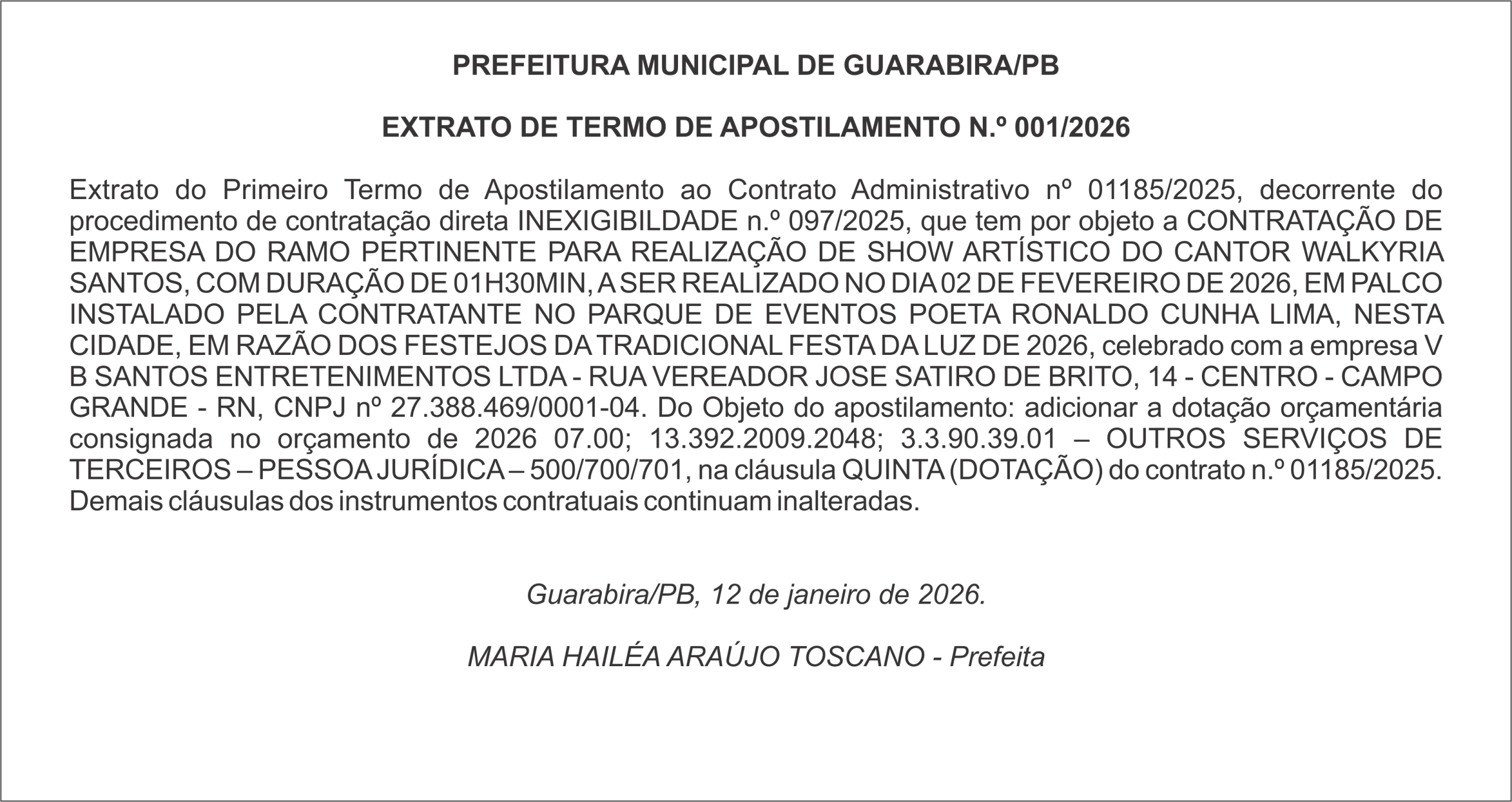 PREFEITURA MUNICIPAL DE GUARABIRA/PB – EXTRATO DE TERMO DE APOSTILAMENTO