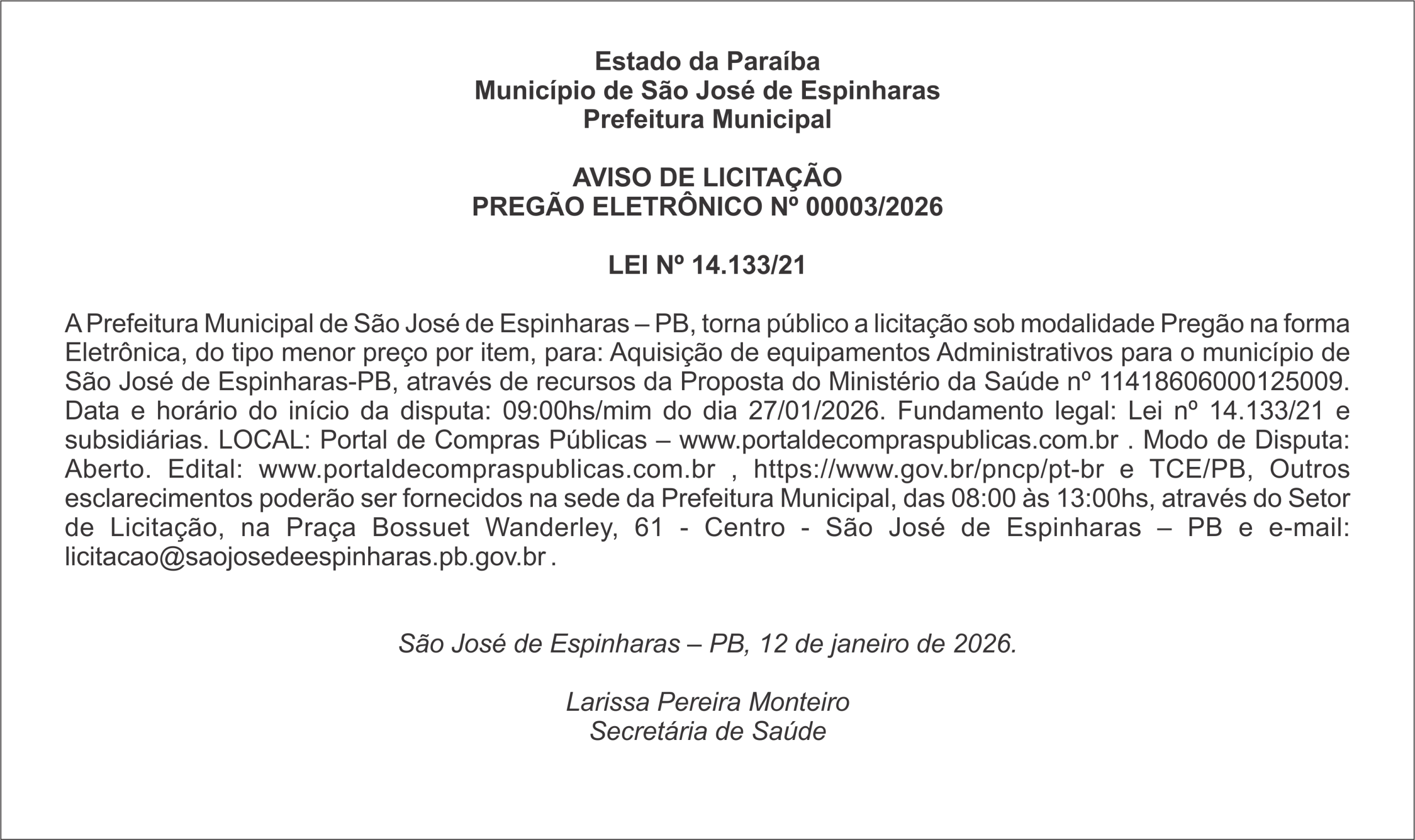PREFEITURA DE SÃO JOSÉ DE ESPINHARAS – AVISO DE LICITAÇÃO PREGÃO ELETRÔNICO Nº 00003/2026