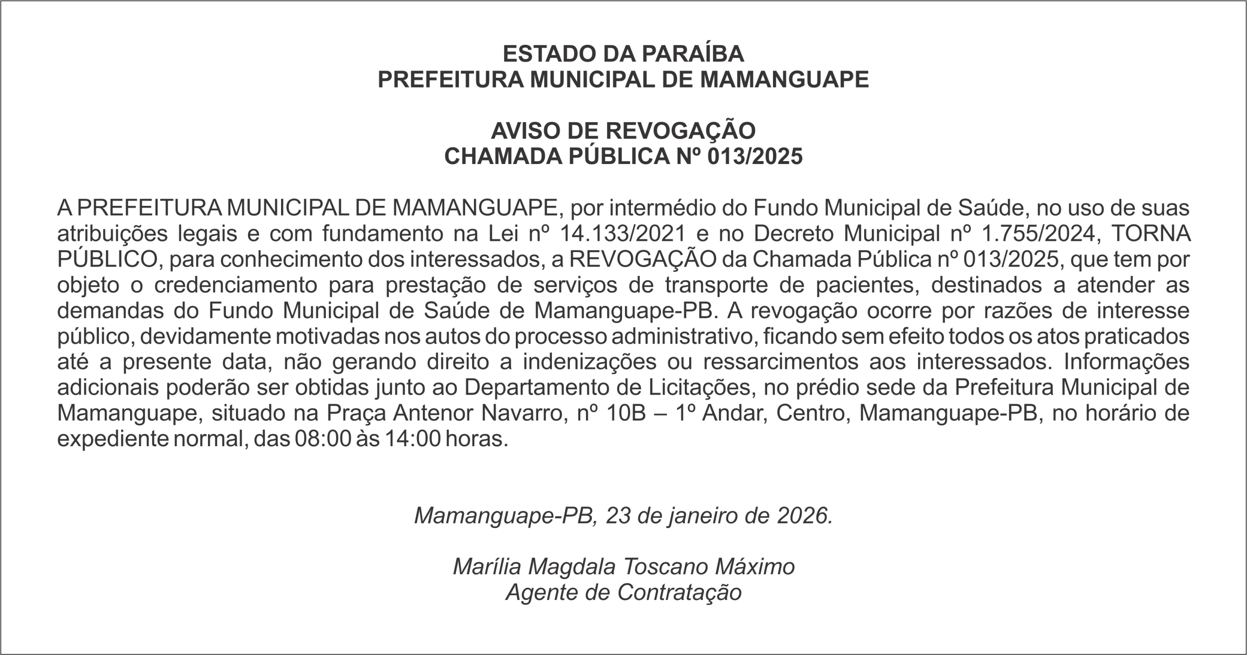 PREFEITURA MUNICIPAL DE MAMANGUAPE – AVISO DE REVOGAÇÃO – CHAMADA PÚBLICA Nº 013/2025