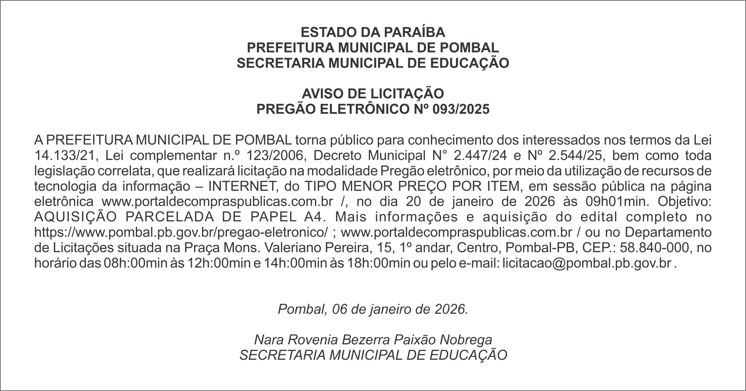 PREFEITURA MUNICIPAL DE POMBAL – AVISO DE LICITAÇÃO – PREGÃO ELETRÔNICO Nº 093/2025