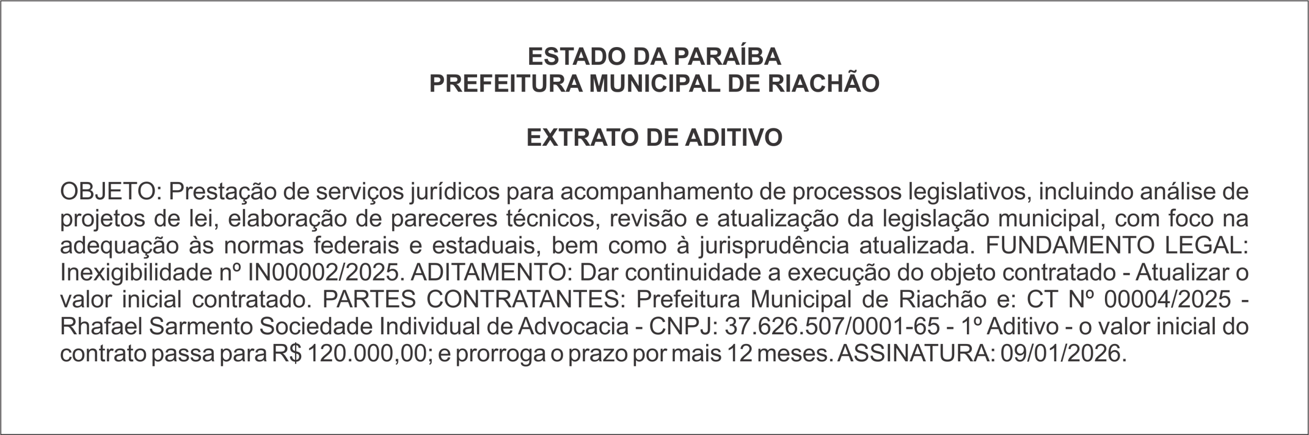 PREFEITURA MUNICIPAL DE RIACHÃO – EXTRATO DE ADITIVO