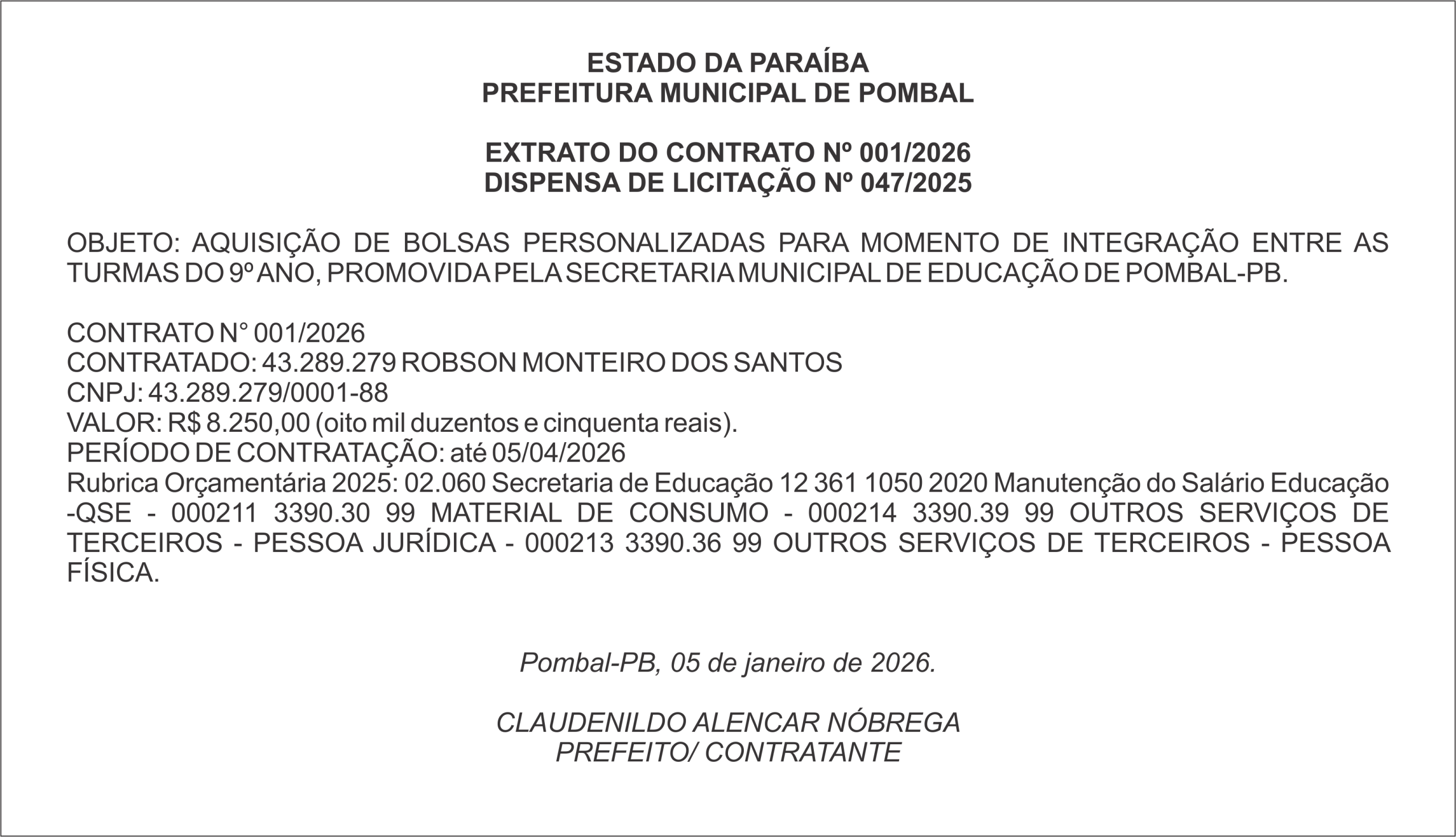 PREFEITURA MUNICIPAL DE POMBAL – EXTRATO DO CONTRATO Nº 001/2026