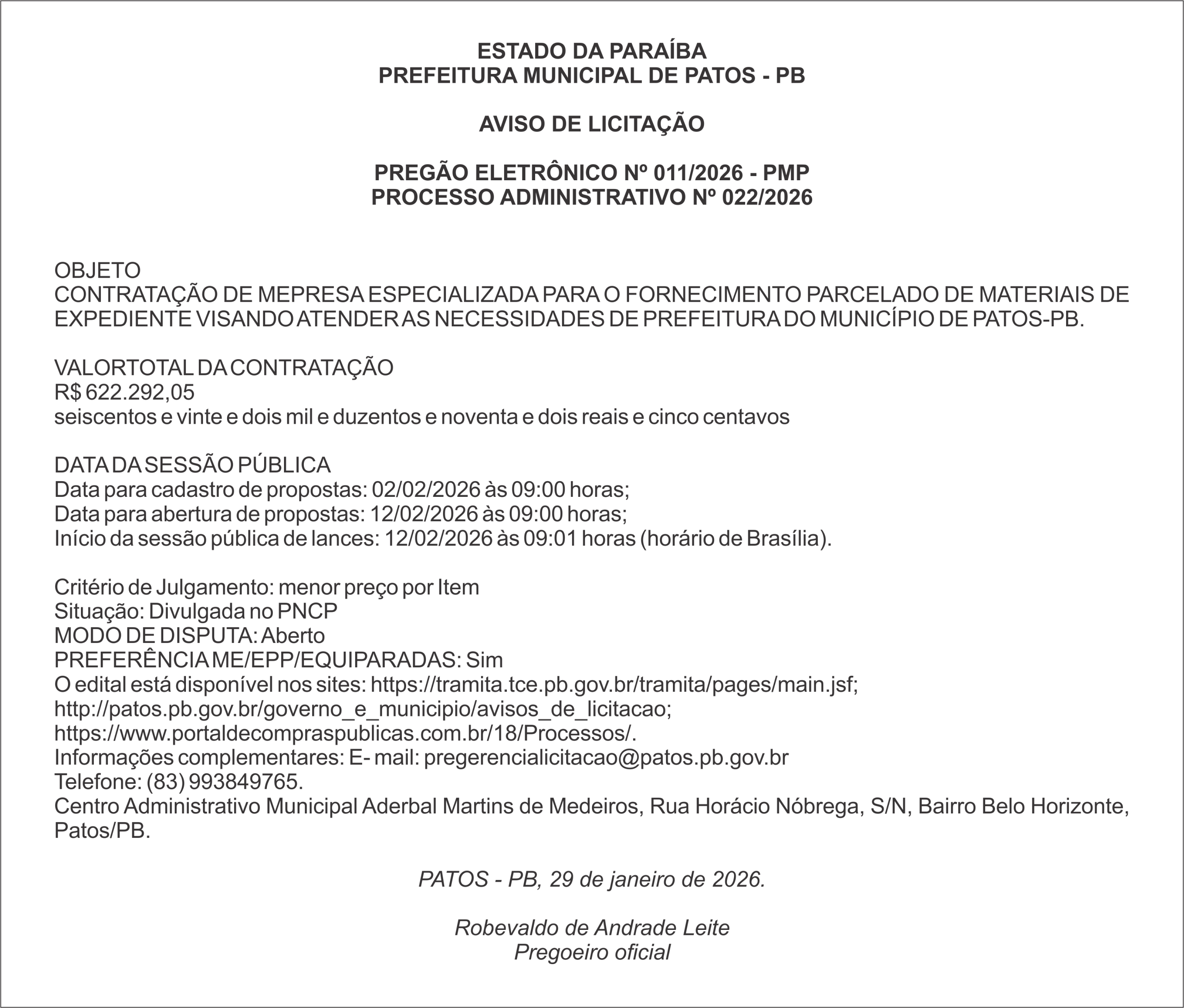 PREFEITURA MUNICIPAL DE PATOS – PB – PREGÃO ELETRÔNICO Nº 011/2026 – PMP