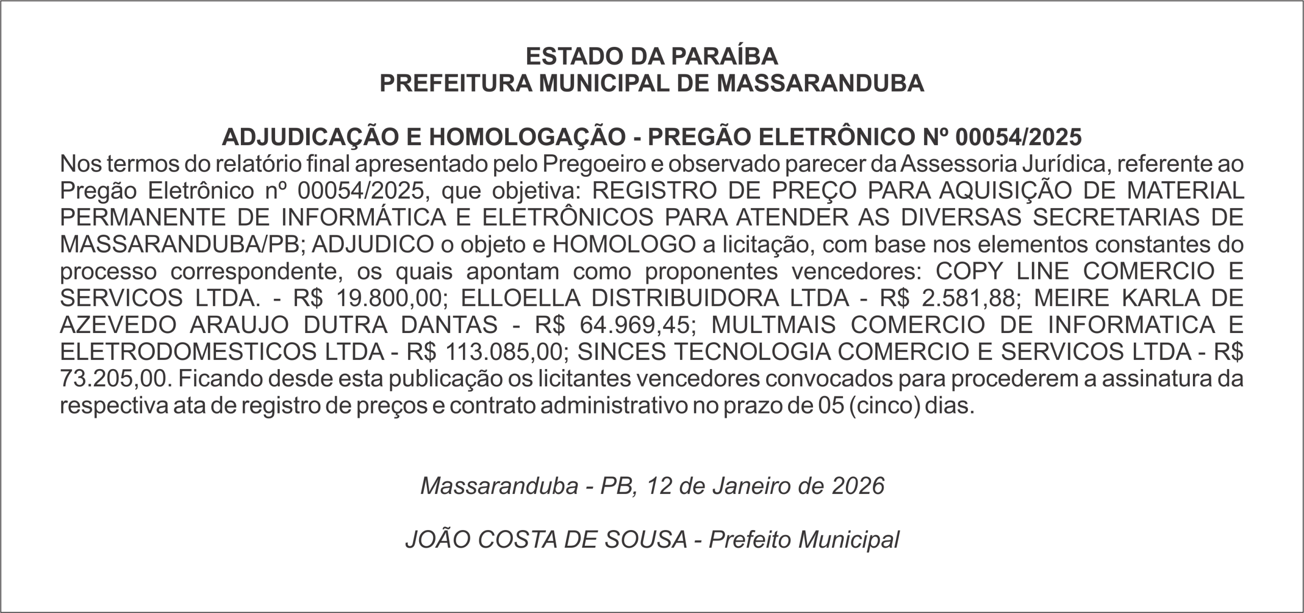 PREFEITURA MUNICIPAL DE MASSARANDUBA – ADJUDICAÇÃO E HOMOLOGAÇÃO – PREGÃO ELETRÔNICO Nº 00054/2025