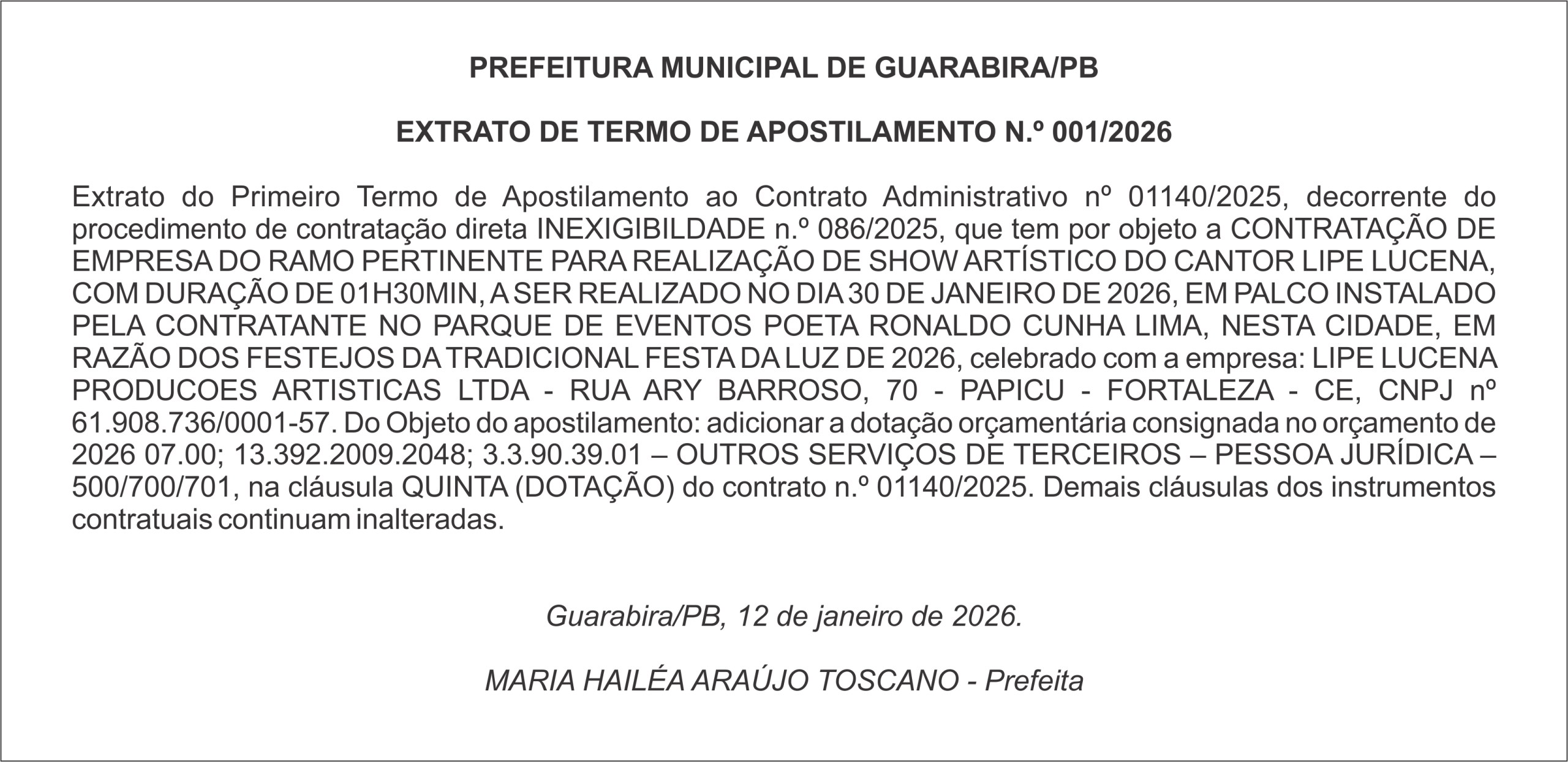PREFEITURA MUNICIPAL DE GUARABIRA/PB – EXTRATO DE TERMO DE APOSTILAMENTO