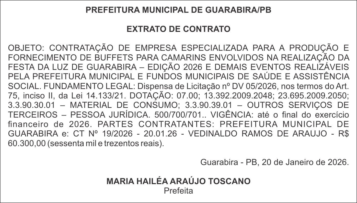 PREFEITURA MUNICIPAL DE GUARABIRA/PB – EXTRATO DE CONTRATO