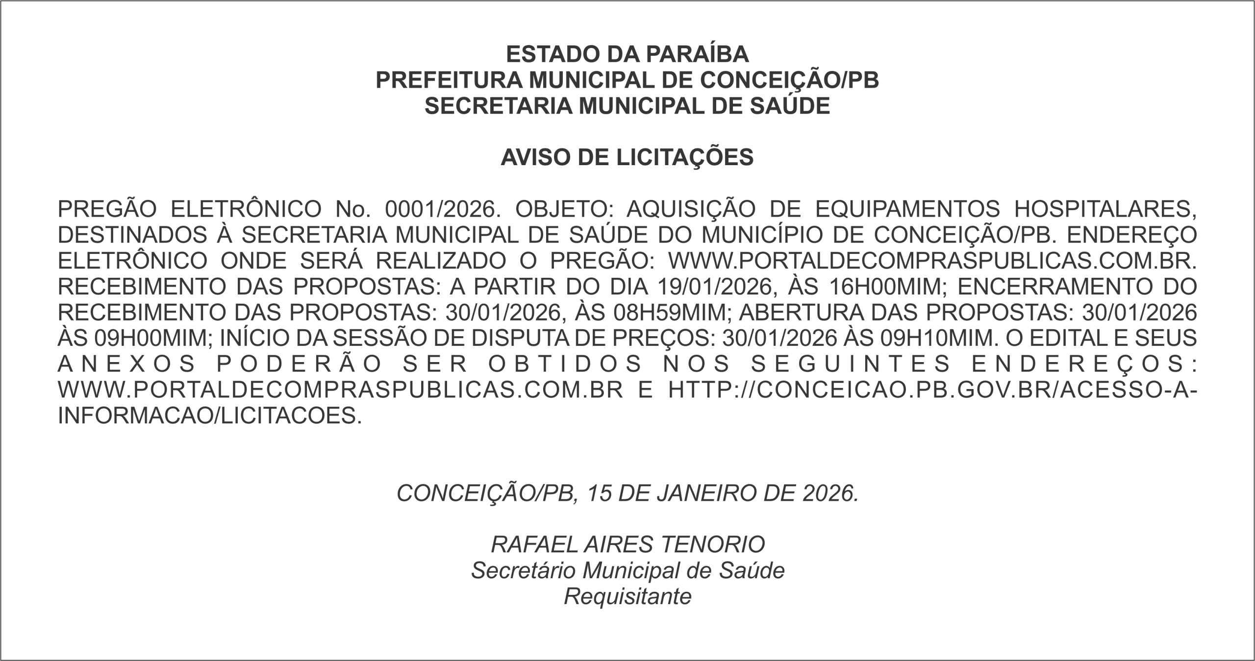 PREFEITURA MUNICIPAL DE CONCEIÇÃO/PB – PREGÃO ELETRÔNICO No. 0001/2026