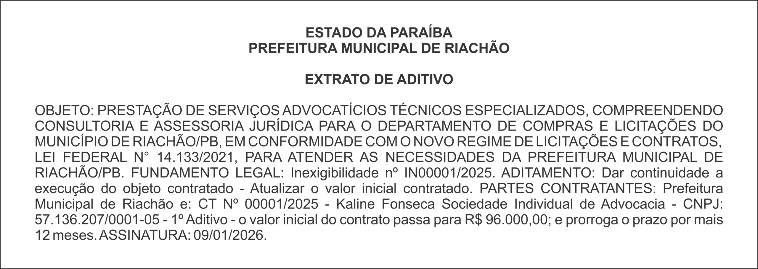 PREFEITURA MUNICIPAL DE RIACHÃO – EXTRATO DE ADITIVO
