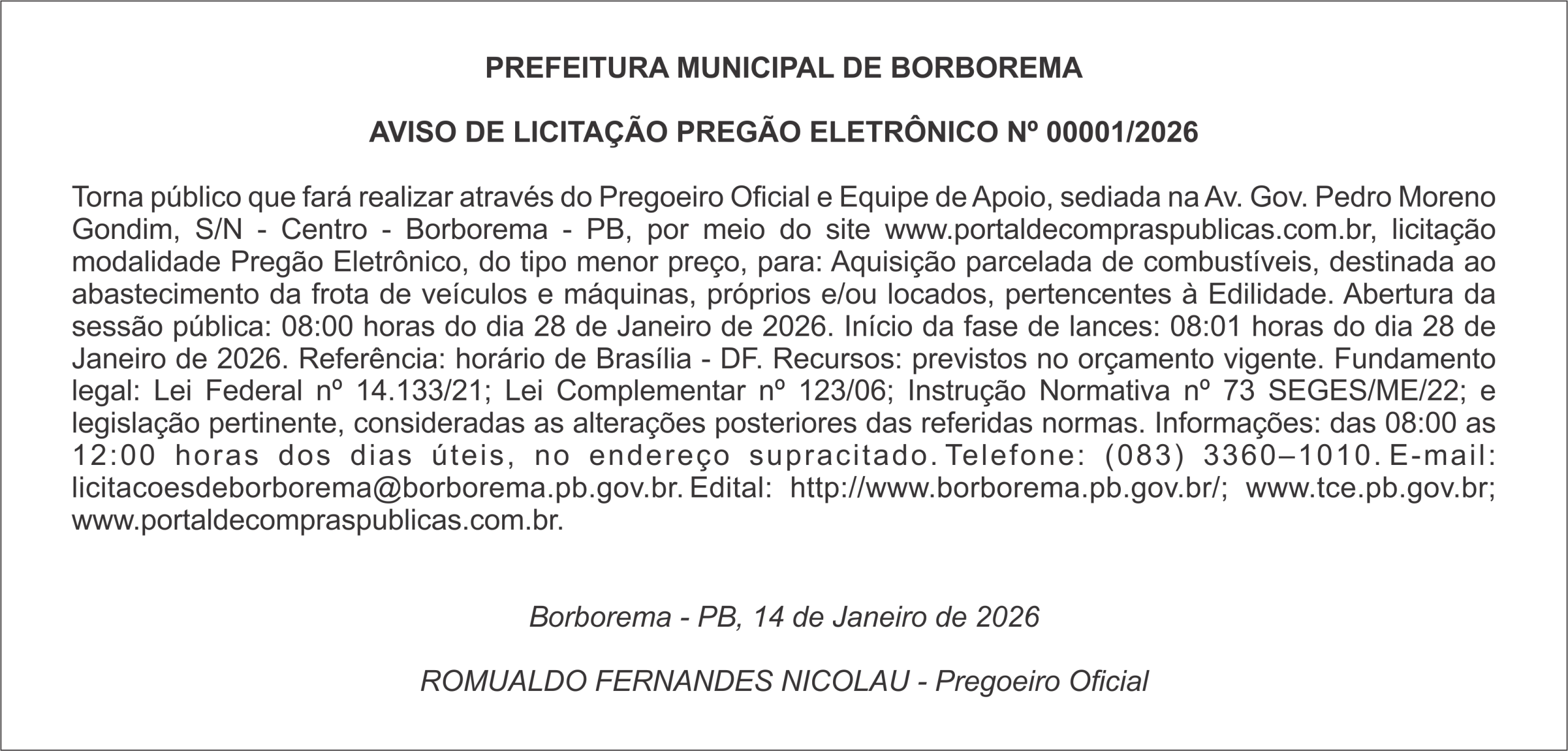 PREFEITURA MUNICIPAL DE BORBOREMA – AVISO DE LICITAÇÃO – PREGÃO ELETRÔNICO Nº 00001/2026