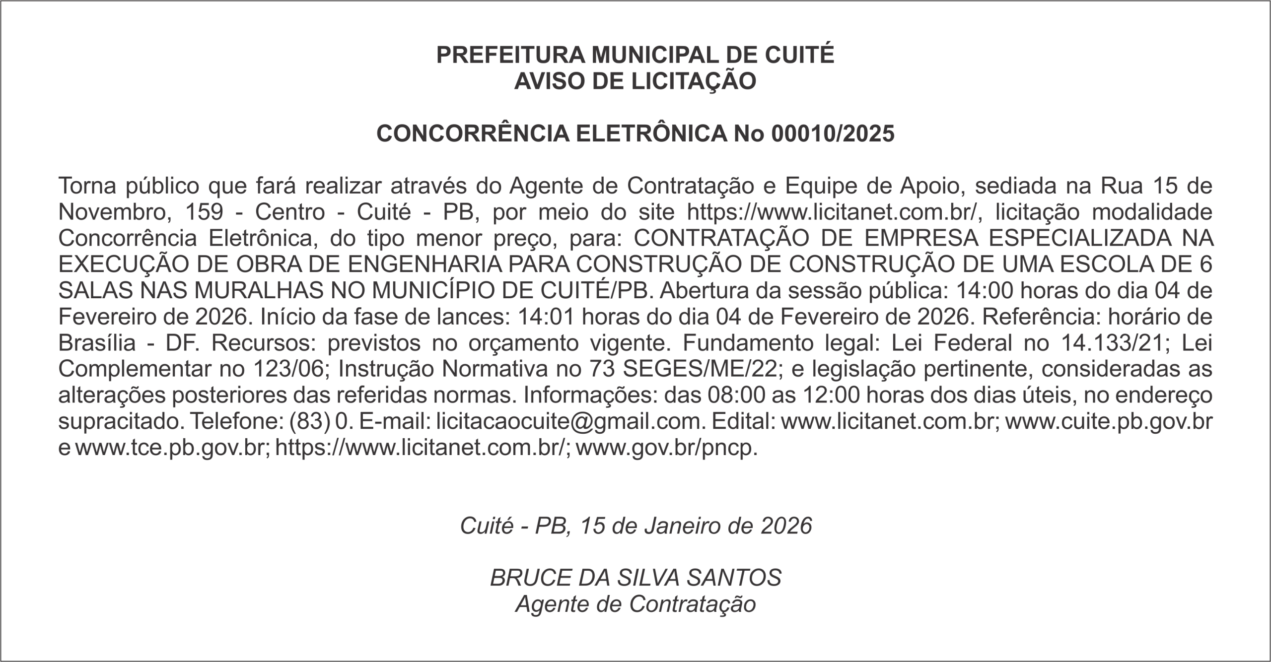 PREFEITURA MUNICIPAL DE CUITÉ – AVISO DE LICITAÇÃO – CONCORRÊNCIA ELETRÔNICA No 00010/2025