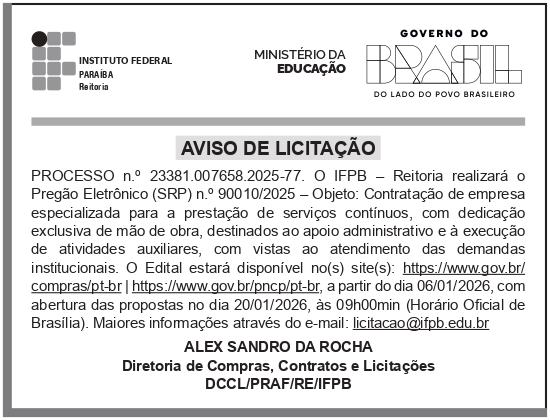 IFPB – PB – JOÃO PESSOA – REITORIA – EDITAL – PREGÃO ELETRÔNICO (SRP) n.o 90010/2025 – REITORIA IFPB