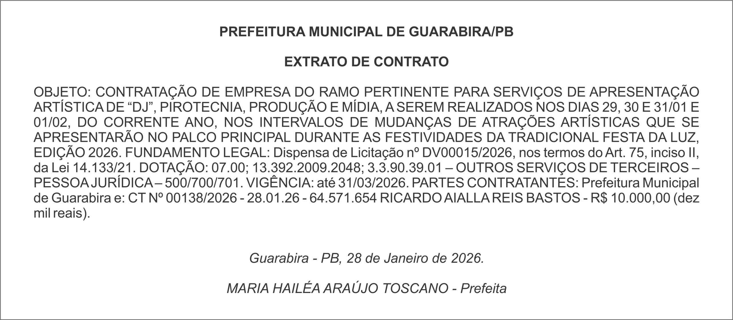 PREFEITURA MUNICIPAL DE GUARABIRA/PB – EXTRATO DE CONTRATO
