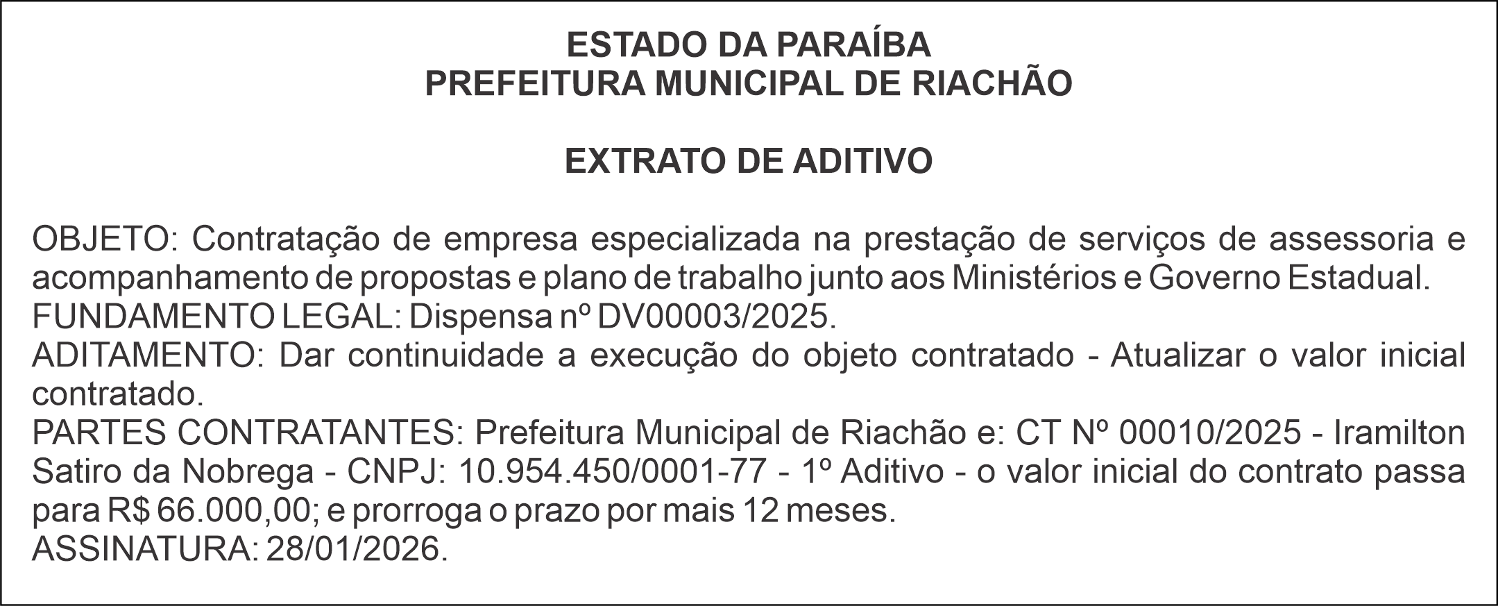 PREFEITURA MUNICIPAL DE RIACHÃO – EXTRATO DE ADITIVO