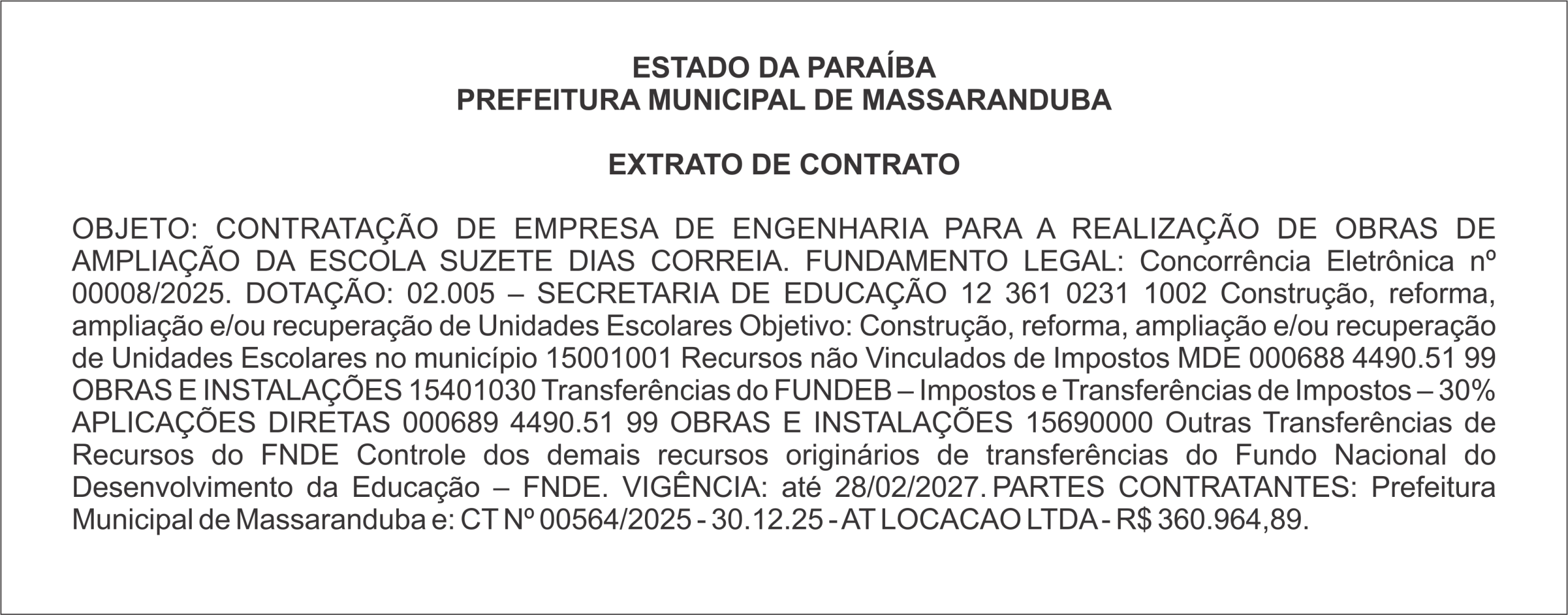 PREFEITURA MUNICIPAL DE MASSARANDUBA – EXTRATO DE CONTRATO
