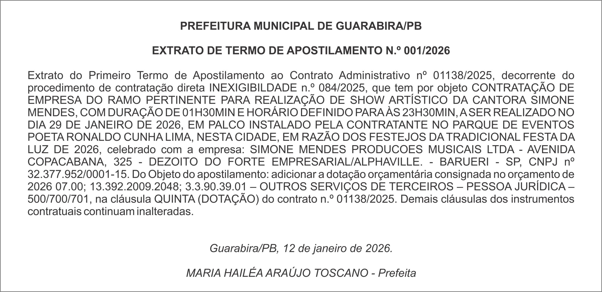 PREFEITURA MUNICIPAL DE GUARABIRA/PB – EXTRATO DE TERMO DE APOSTILAMENTO
