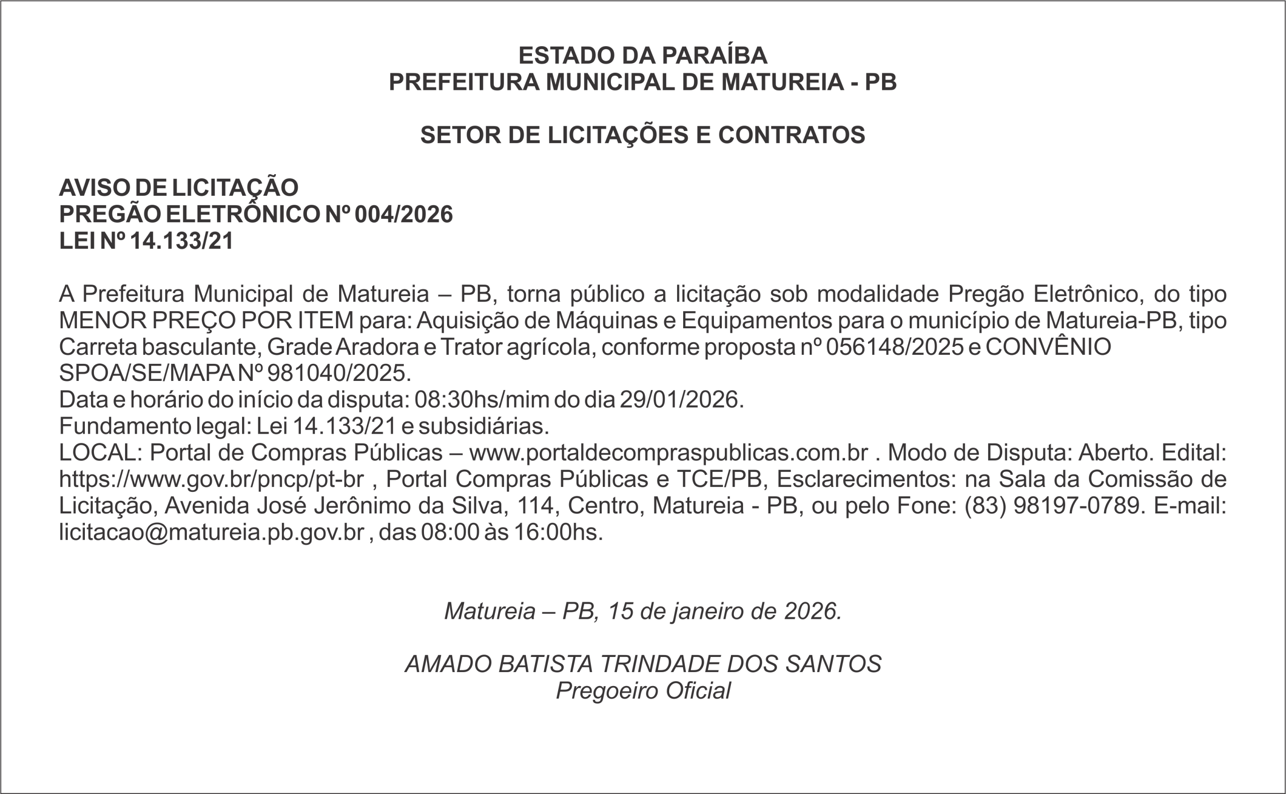 PREFEITURA MUNICIPAL DE MATUREIA – PB – AVISO DE LICITAÇÃO – PREGÃO ELETRÔNICO Nº 004/2026