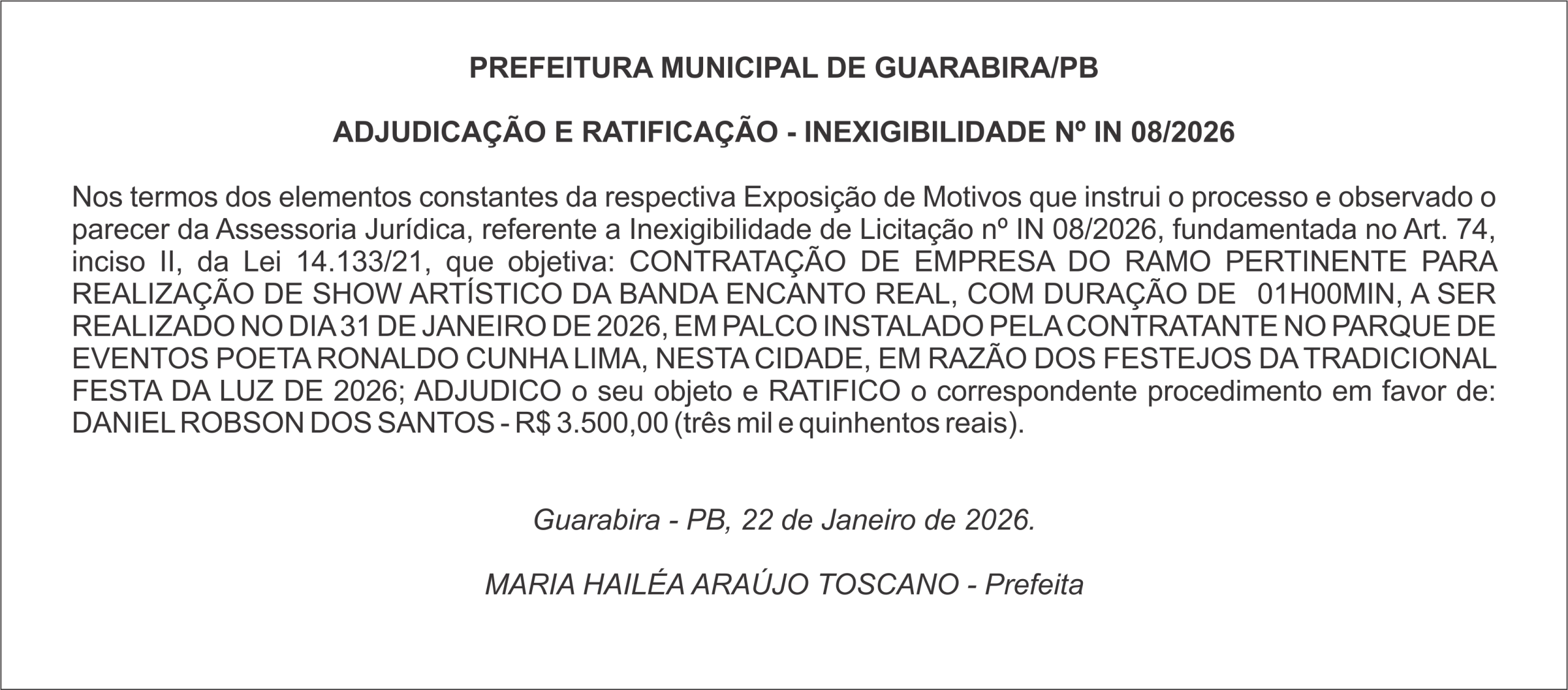 PREFEITURA MUNICIPAL DE GUARABIRA/PB – ADJUDICAÇÃO E RATIFICAÇÃO – INEXIGIBILIDADE Nº IN 08/2026