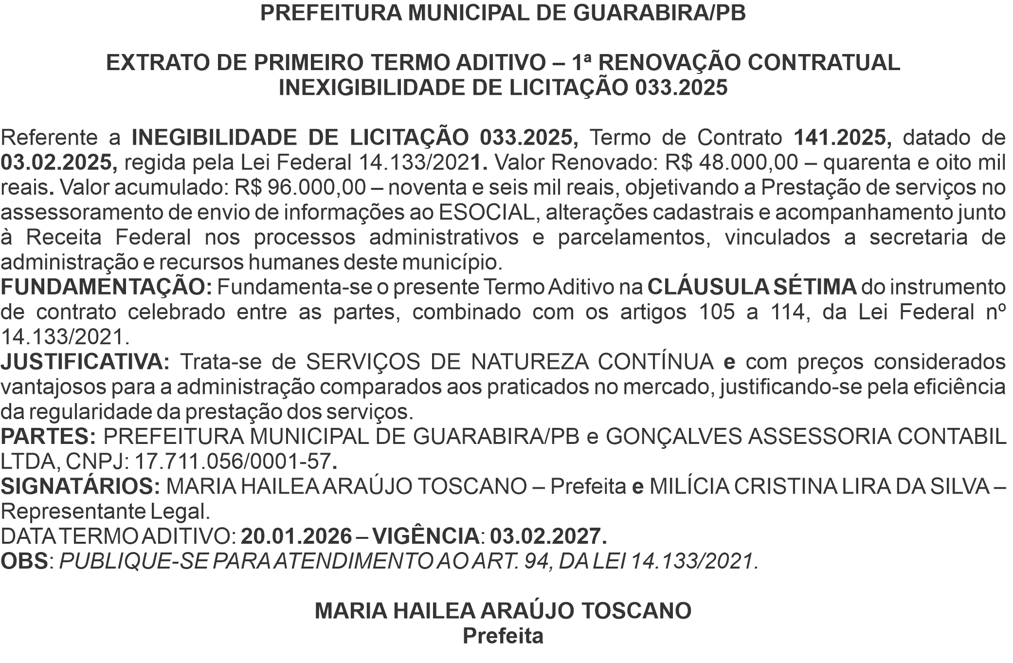 PREFEITURA MUNICIPAL DE GUARABIRA/PB – EXTRATO DE PRIMEIRO TERMO ADITIVO – 1ª RENOVAÇÃO CONTRATUAL