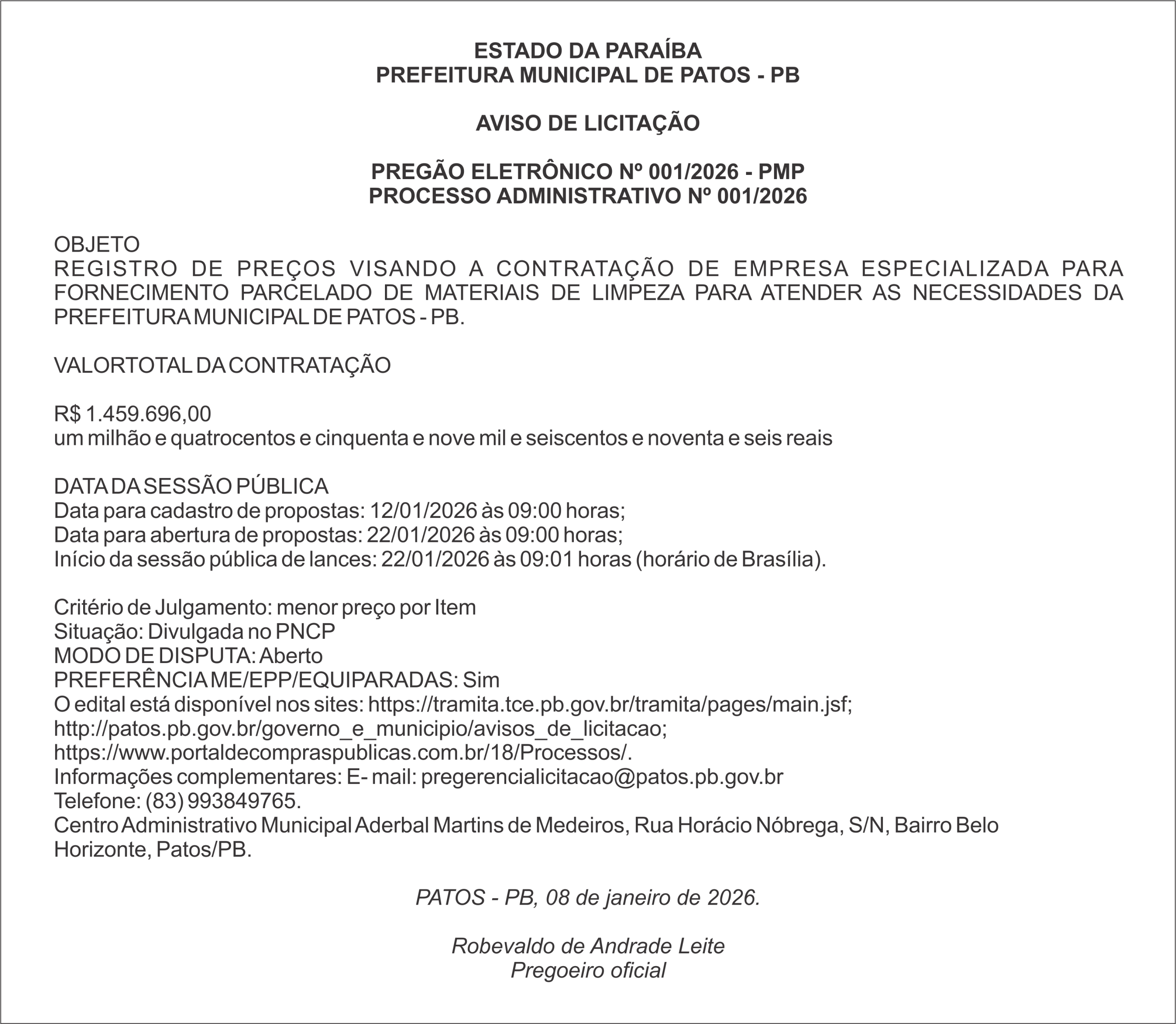PREFEITURA MUNICIPAL DE PATOS – PB – PREGÃO ELETRÔNICO Nº 001/2026 – PMP