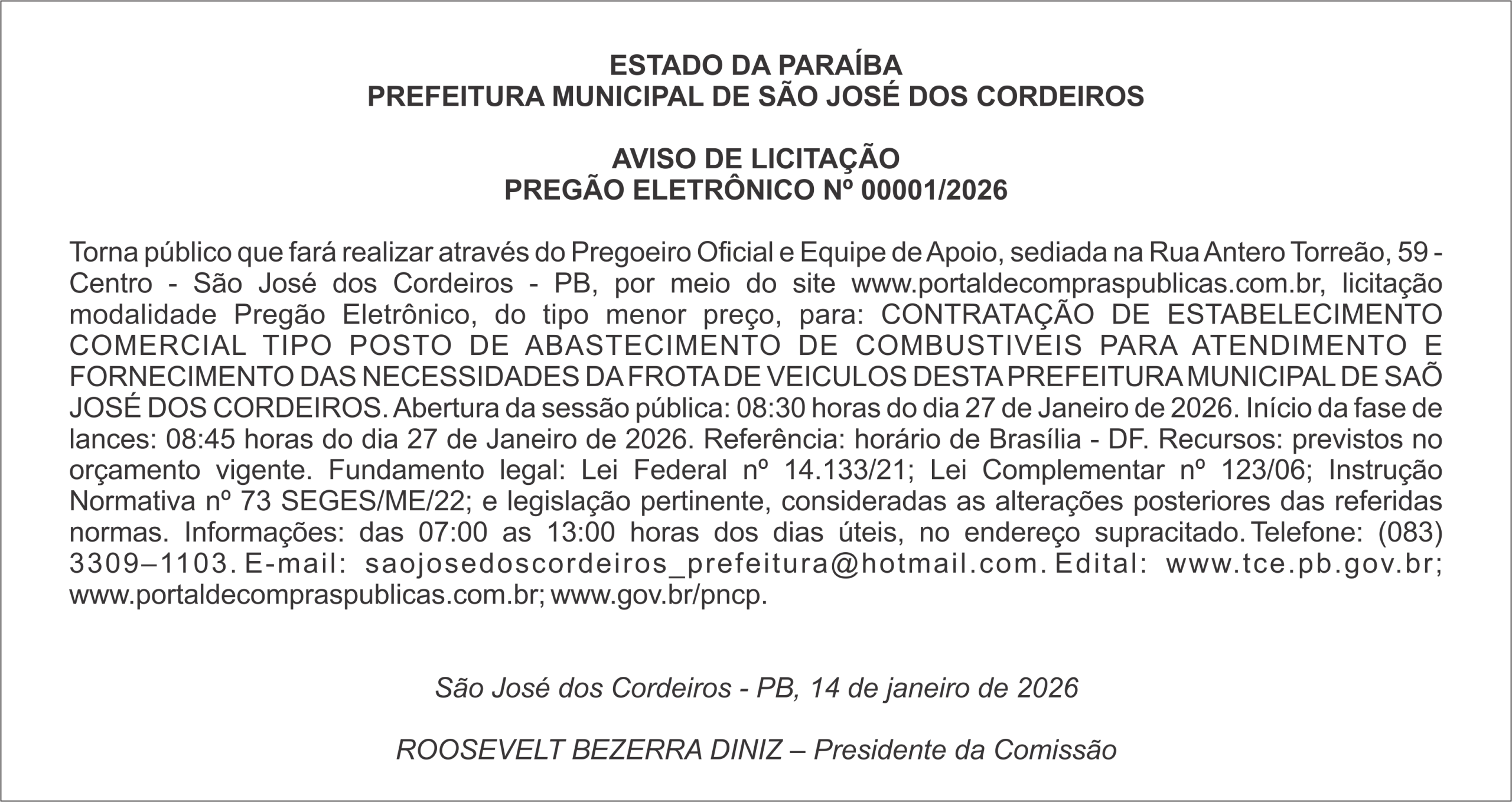 PREFEITURA MUNICIPAL DE SÃO JOSÉ DOS CORDEIROS – AVISO DE LICITAÇÃO – PREGÃO ELETRÔNICO Nº 00001/2026