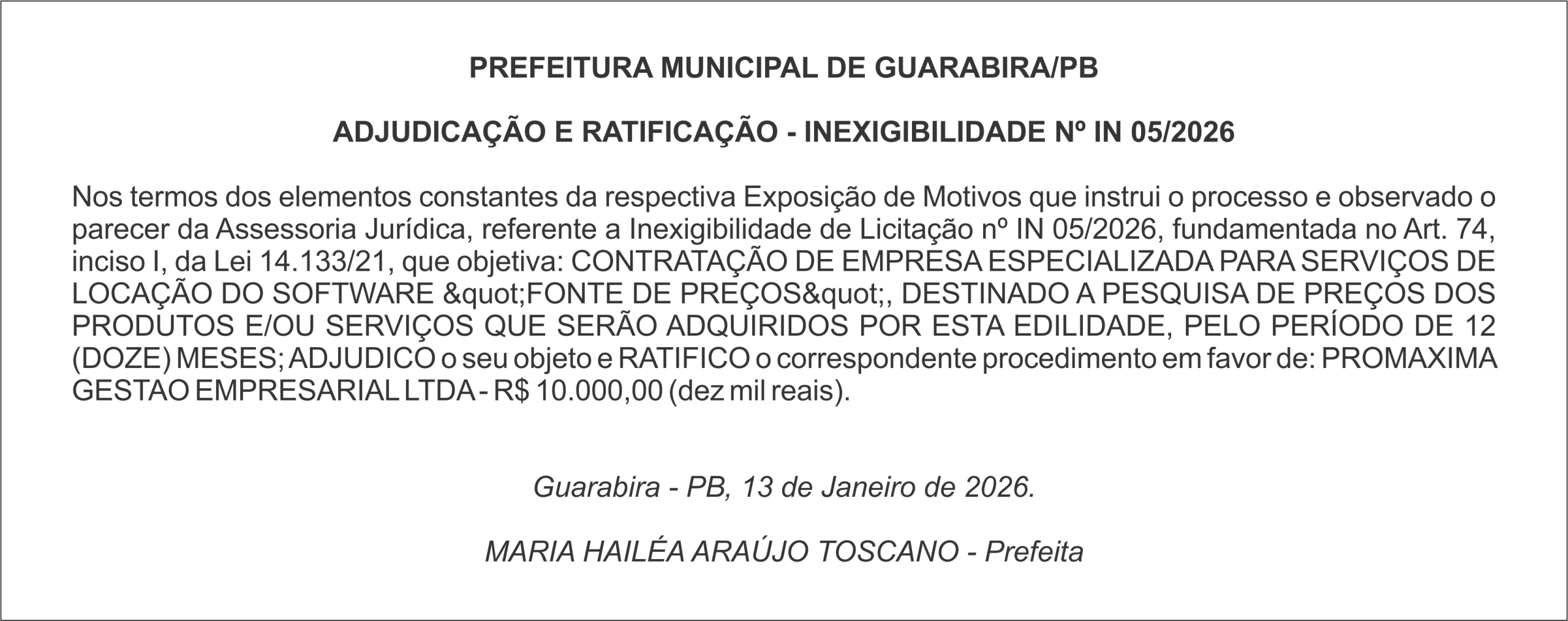 PREFEITURA MUNICIPAL DE GUARABIRA/PB ADJUDICAÇÃO E RATIFICAÇÃO – INEXIGIBILIDADE Nº IN 05/2026