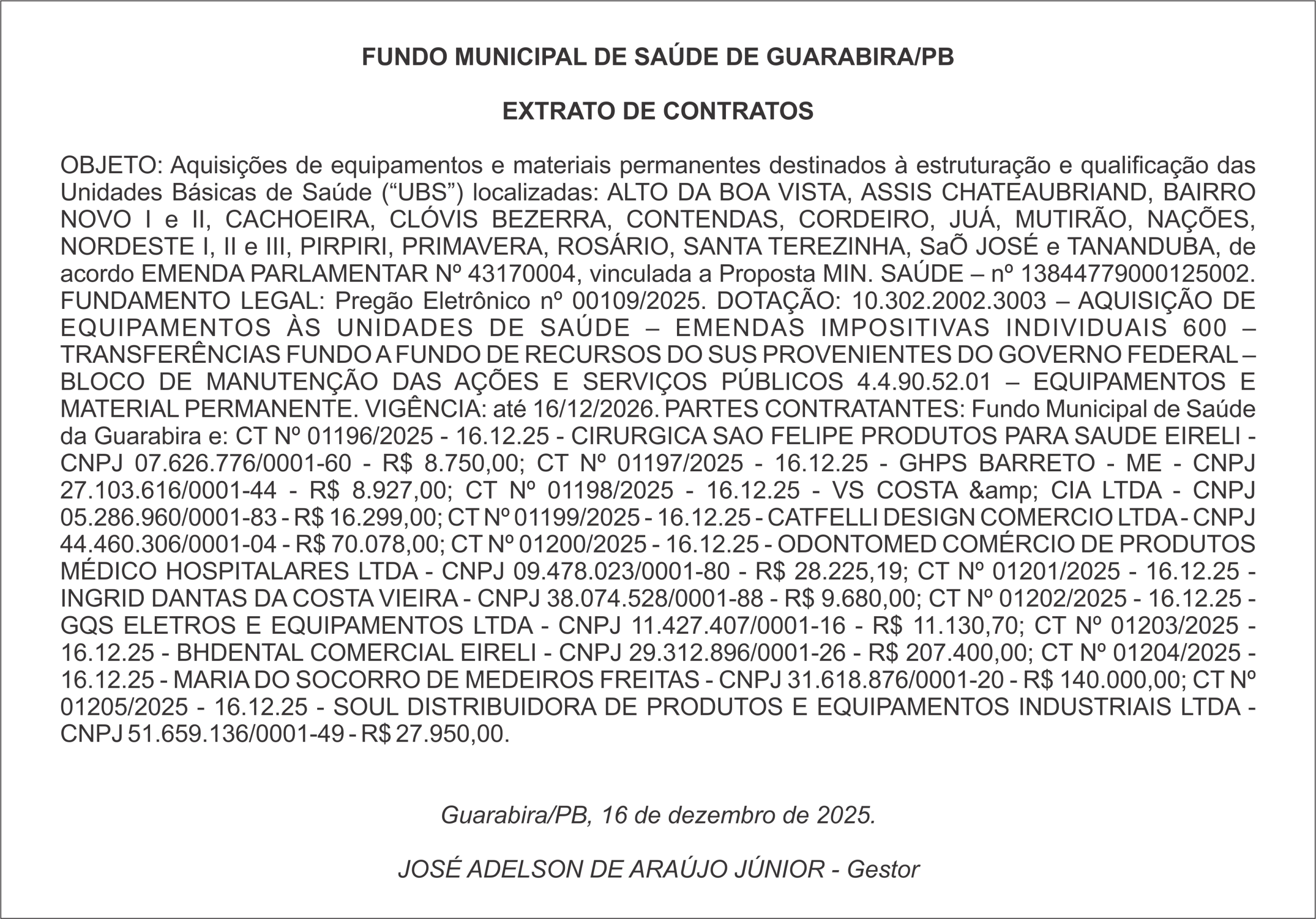 FUNDO MUNICIPAL DE SAÚDE DE GUARABIRA/PB – EXTRATO DE CONTRATOS