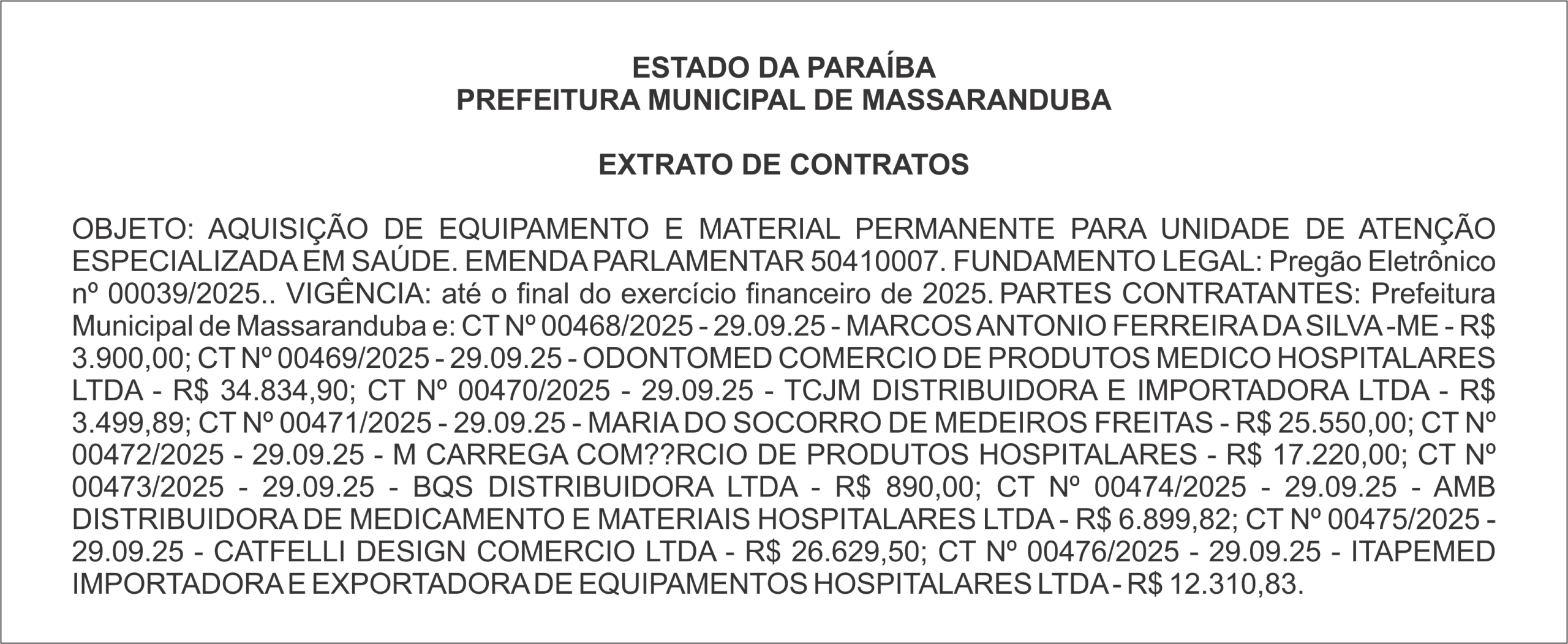 PREFEITURA MUNICIPAL DE MASSARANDUBA – EXTRATO DE CONTRATOS