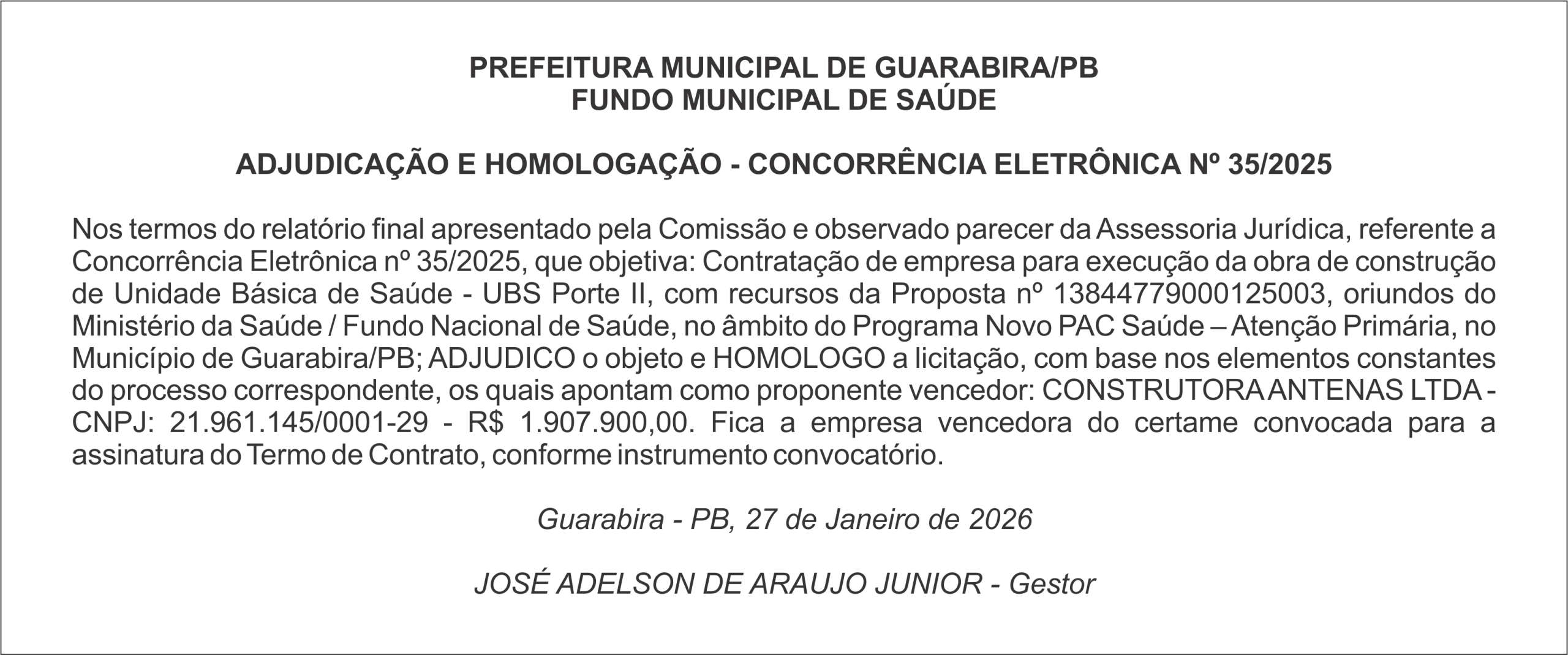 PREFEITURA MUNICIPAL DE GUARABIRA/PB – FUNDO MUNICIPAL DE SAÚDE   ADJUDICAÇÃO E HOMOLOGAÇÃO – CONCORRÊNCIA ELETRÔNICA Nº 35/2025