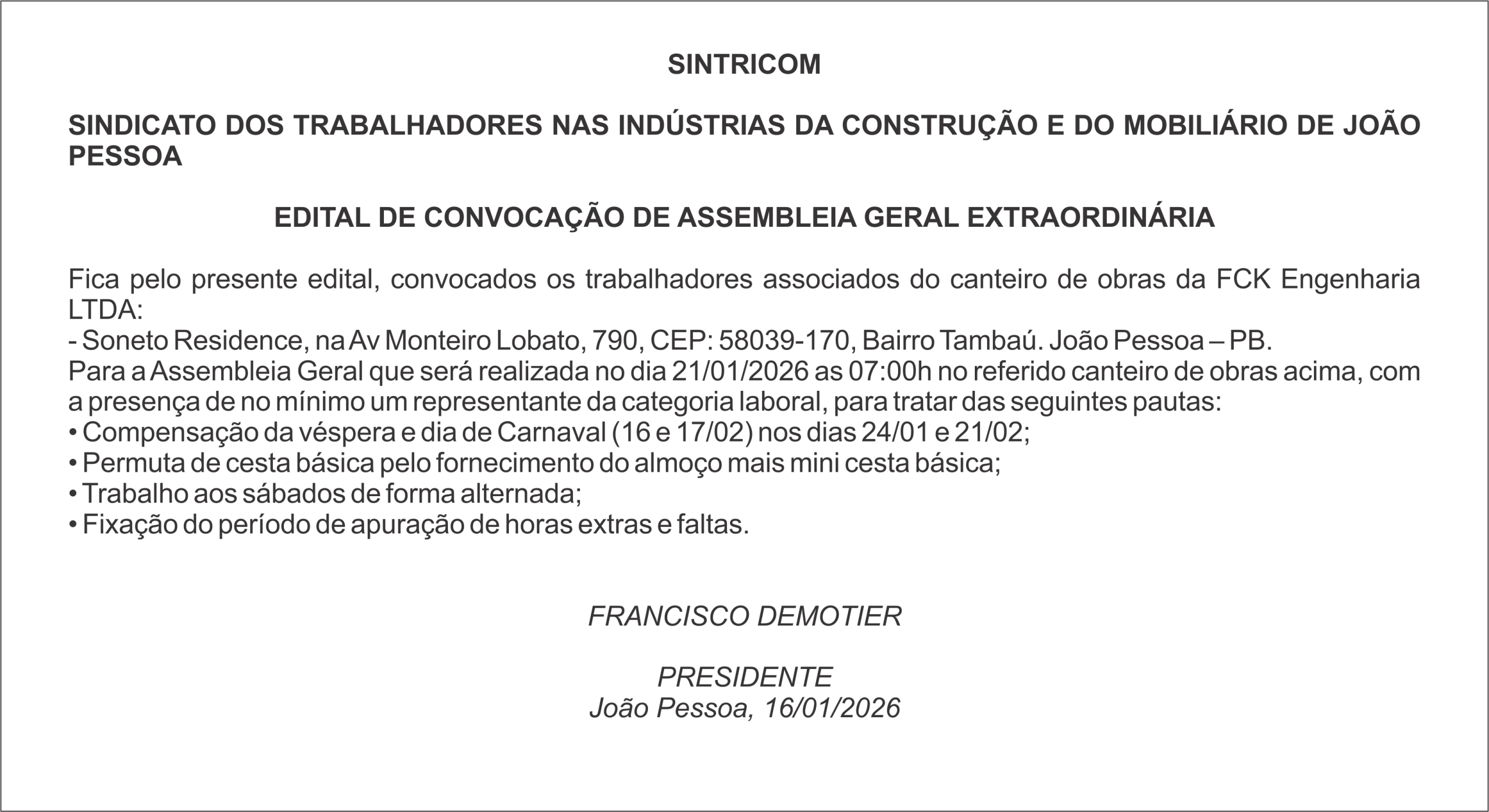SITRICOM – EDITAL DE CONVOCAÇÃO
