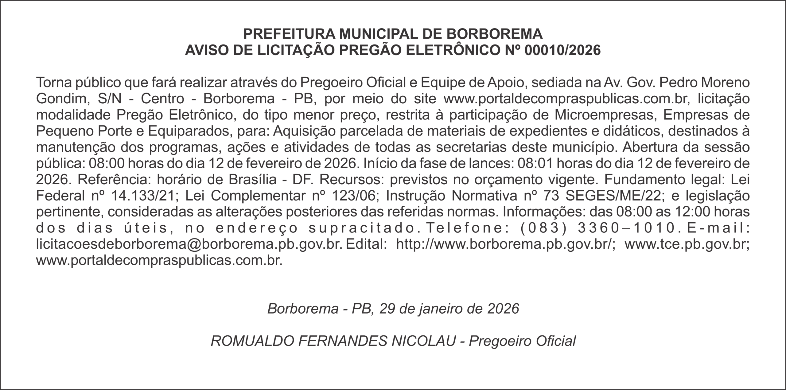 PREFEITURA MUNICIPAL DE BORBOREMA – AVISO DE LICITAÇÃO – PREGÃO ELETRÔNICO Nº 00010/2026