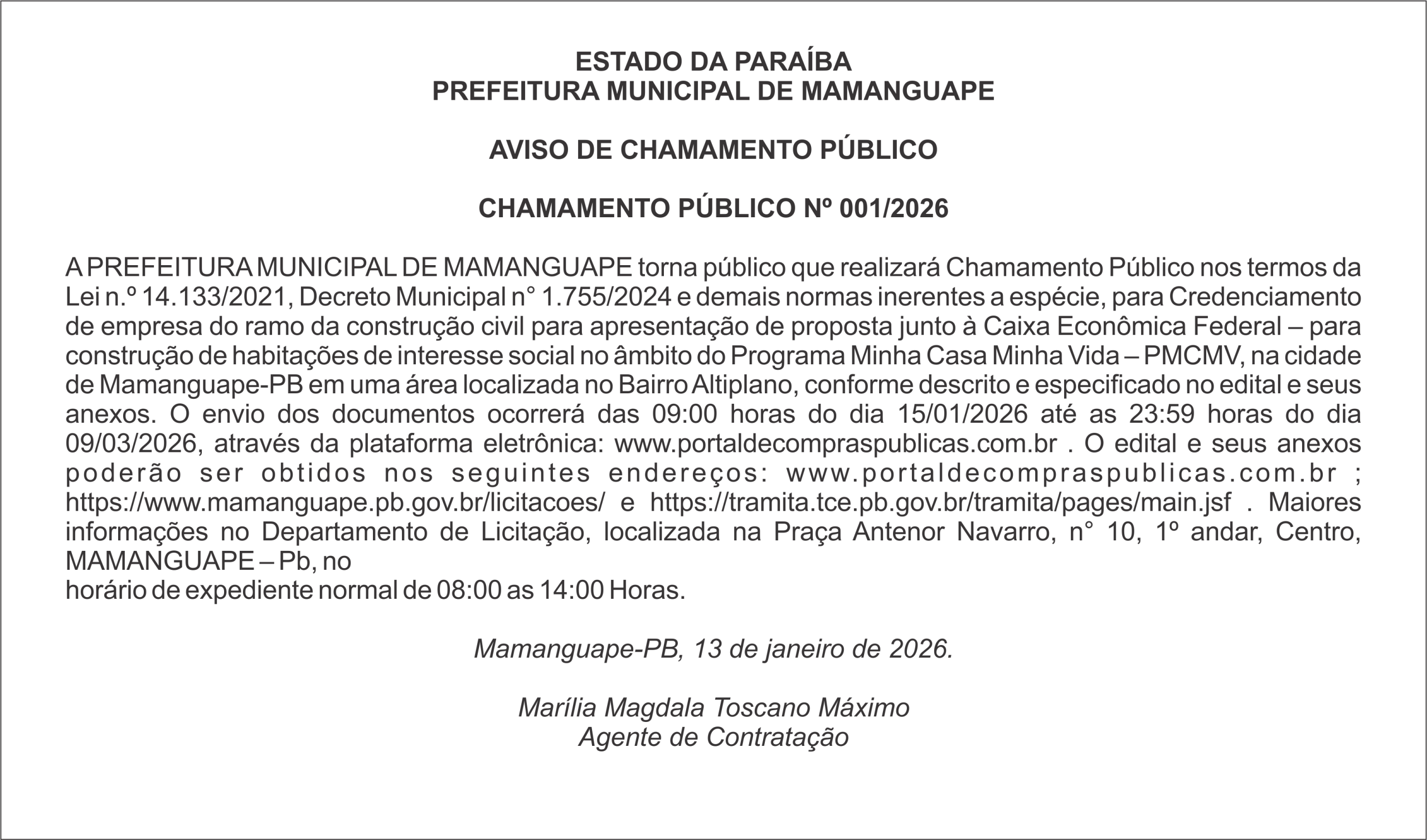 PREFEITURA MUNICIPAL DE MAMANGUAPE – AVISO DE CHAMAMENTO PÚBLICO – CHAMAMENTO PÚBLICO Nº 001/2026