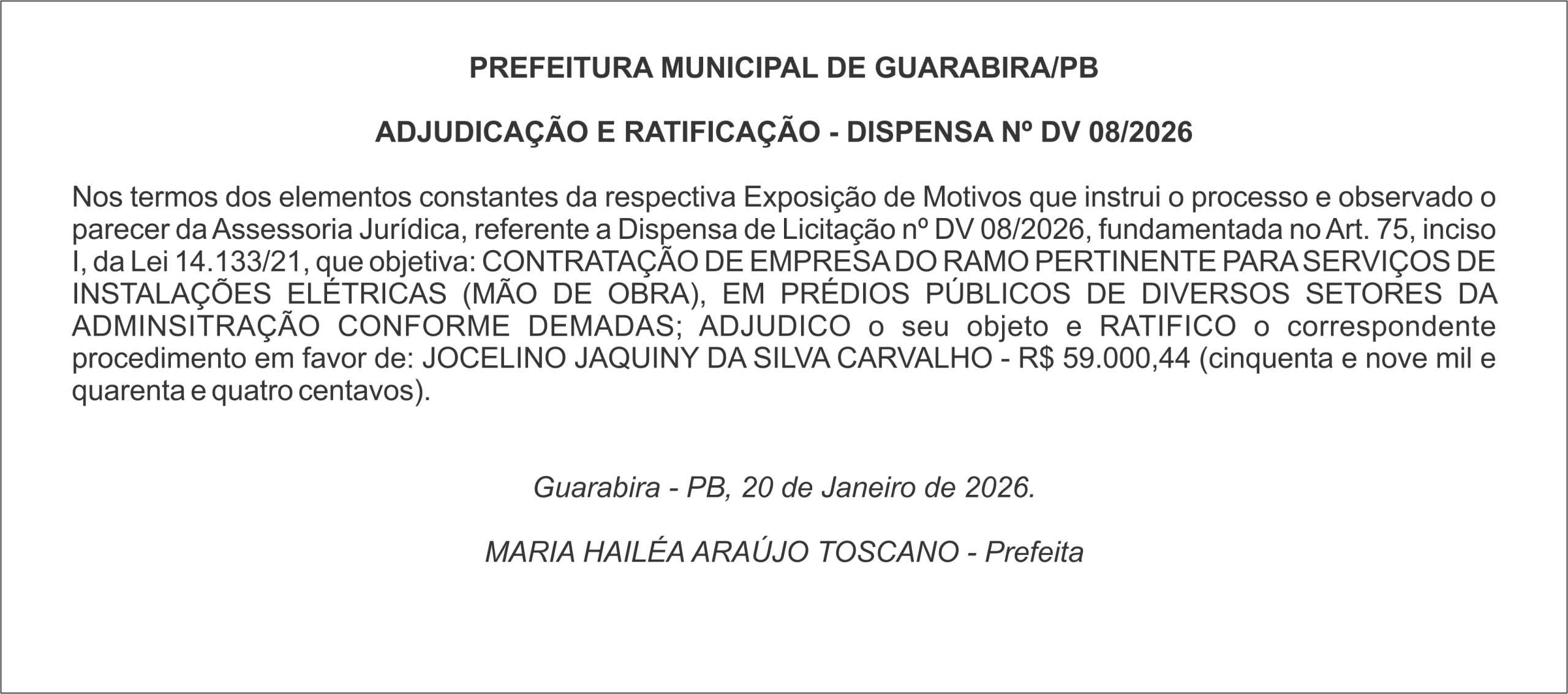 PREFEITURA MUNICIPAL DE GUARABIRA/PB – ADJUDICAÇÃO E RATIFICAÇÃO – DISPENSA Nº DV 08/2026