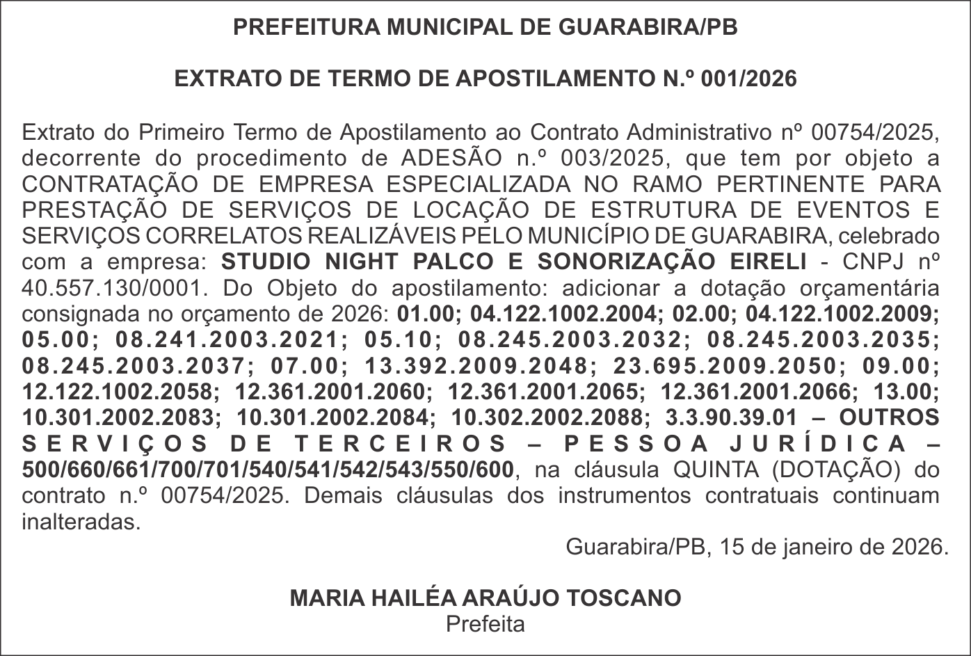 PREFEITURA MUNICIPAL DE GUARABIRA/PB – EXTRATO DE TERMO DE APOSTILAMENTO N.º 001/2026