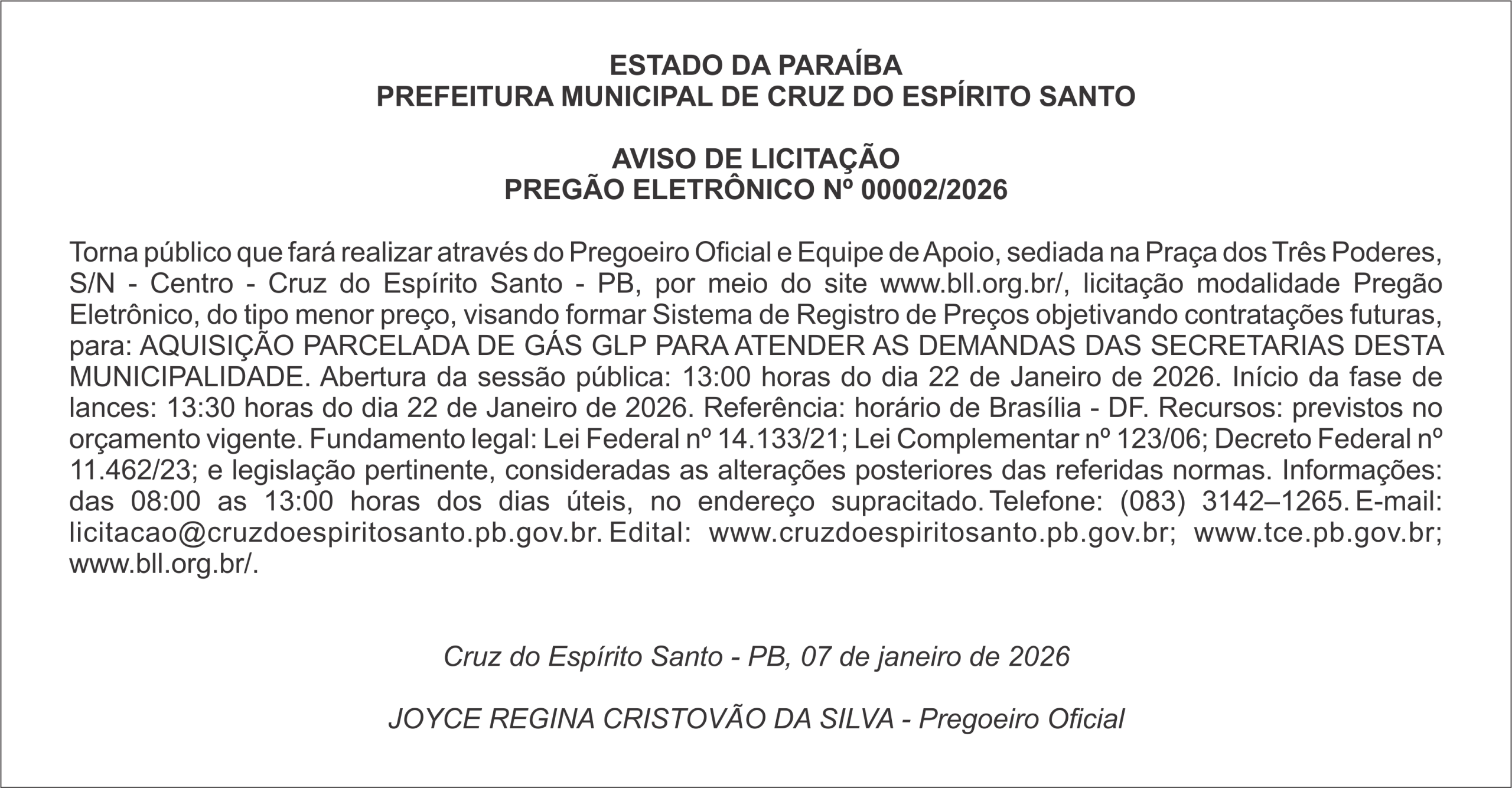 PREFEITURA MUNICIPAL DE CRUZ DO ESPÍRITO SANTO – AVISO DE LICITAÇÃO PREGÃO ELETRÔNICO Nº 00002/2026