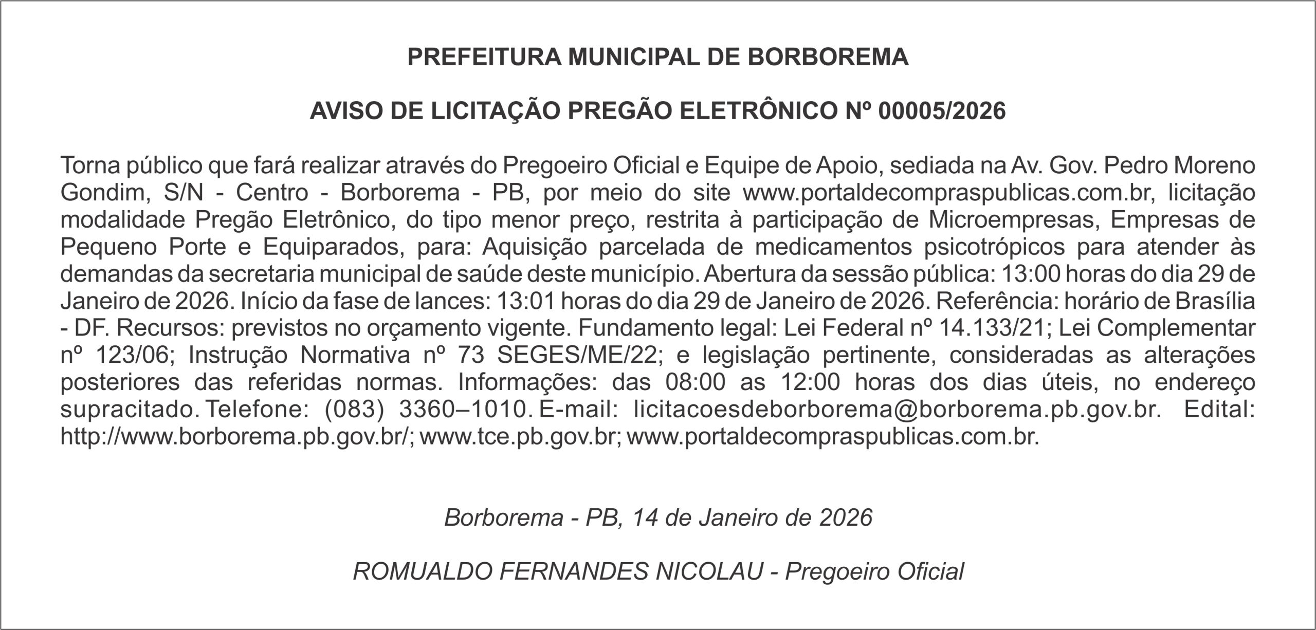 PREFEITURA MUNICIPAL DE BORBOREMA – AVISO DE LICITAÇÃO – PREGÃO ELETRÔNICO Nº 00005/2026