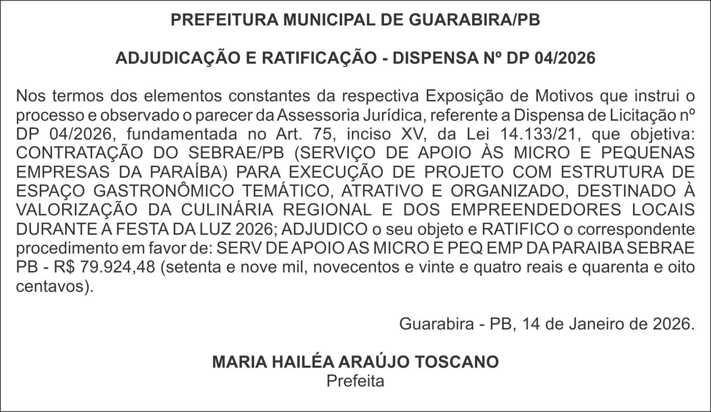 PREFEITURA MUNICIPAL DE GUARABIRA/PB – ADJUDICAÇÃO E RATIFICAÇÃO – DISPENSA Nº DP 04/2026