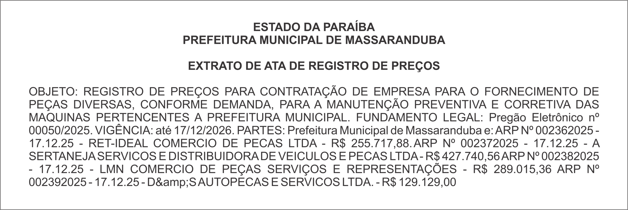 PREFEITURA MUNICIPAL DE MASSARANDUBA – EXTRATO DE ATA DE REGISTRO DE PREÇOS