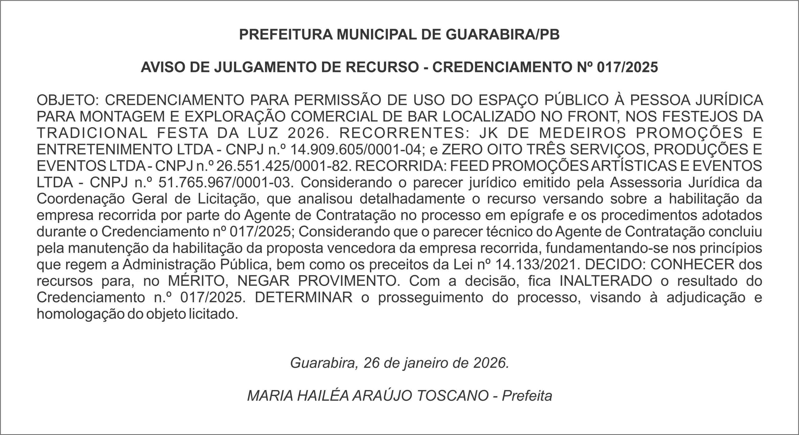 PREFEITURA MUNICIPAL DE GUARABIRA/PB – AVISO DE JULGAMENTO DE RECURSO – CREDENCIAMENTO Nº  017/2025