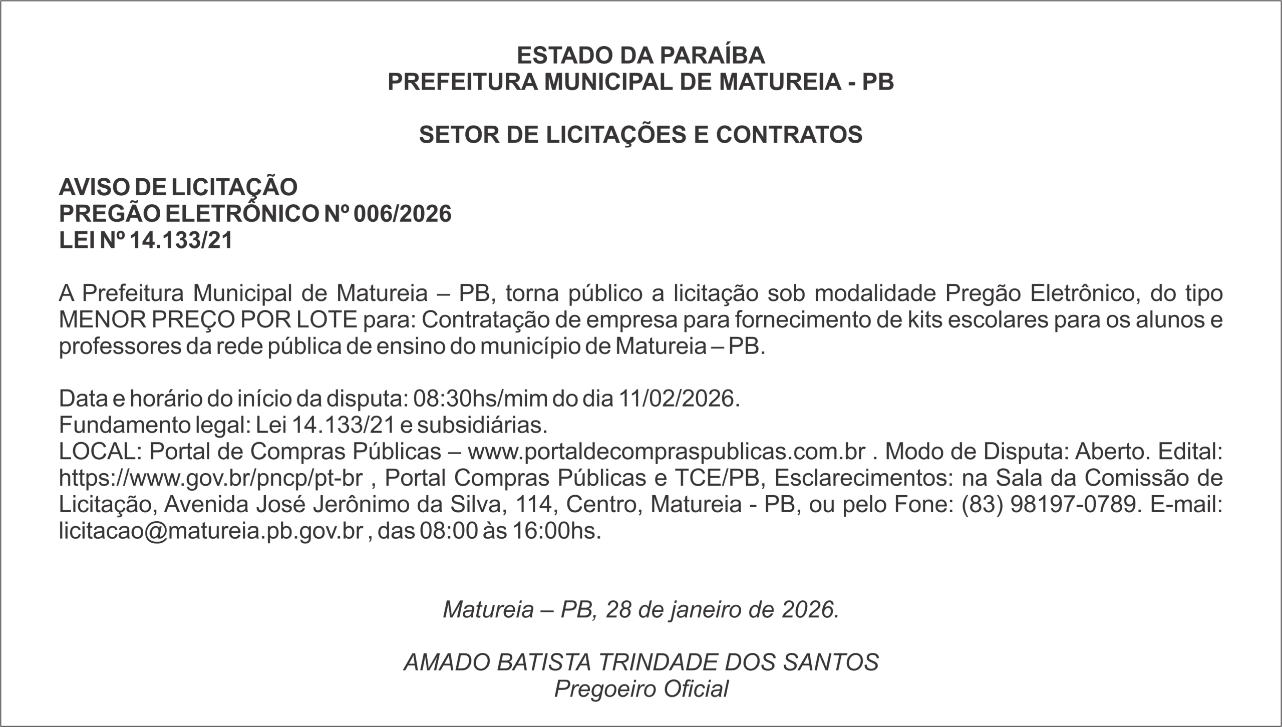 PREFEITURA MUNICIPAL DE MATUREIA – PB – AVISO DE LICITAÇÃO – PREGÃO ELETRÔNICO Nº 006/2026