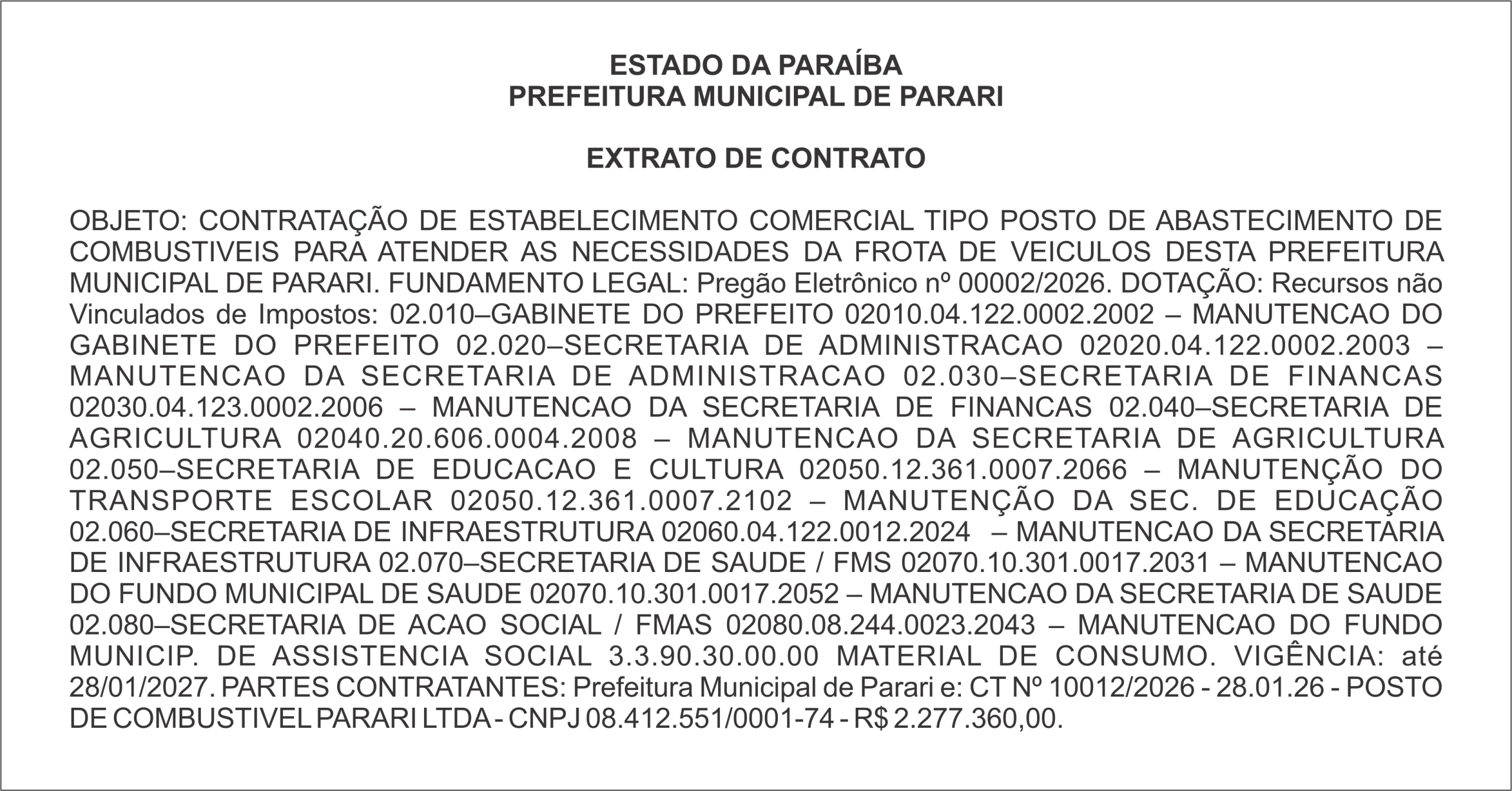 PREFEITURA MUNICIPAL DE PARARI – EXTRATO DE CONTRATO