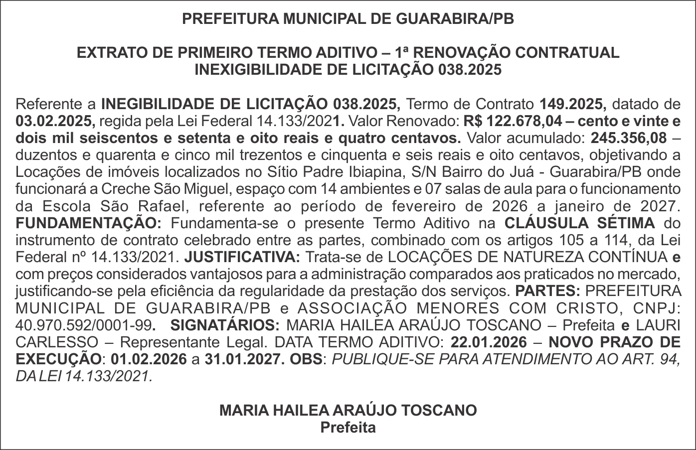 PREFEITURA MUNICIPAL DE GUARABIRA/PB – EXTRATO DE PRIMEIRO TERMO ADITIVO – 1ª RENOVAÇÃO CONTRATUAL