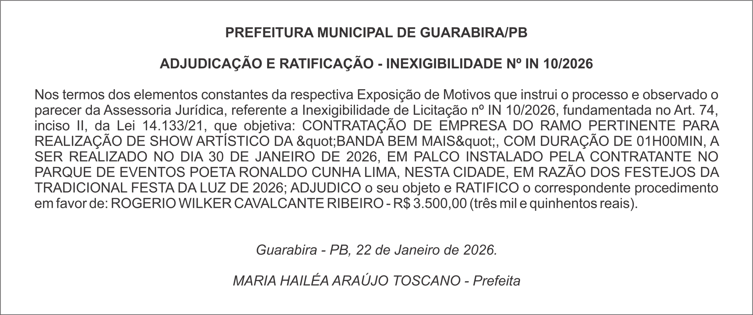 PREFEITURA MUNICIPAL DE GUARABIRA/PB – ADJUDICAÇÃO E RATIFICAÇÃO – INEXIGIBILIDADE Nº IN 10/2026