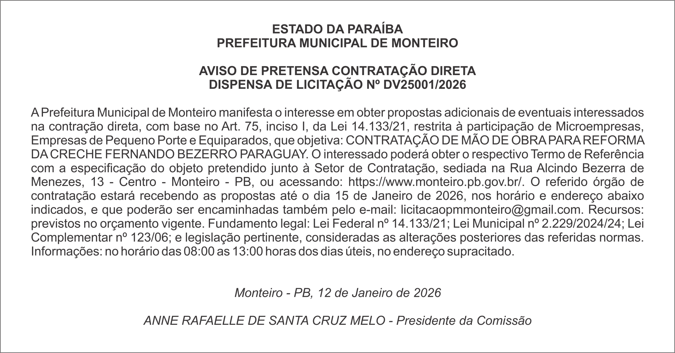 PREFEITURA MUNICIPAL DE MONTEIRO – AVISO DE PRETENSA CONTRATAÇÃO DIRETA – DISPENSA DE LICITAÇÃO Nº DV25001/2026