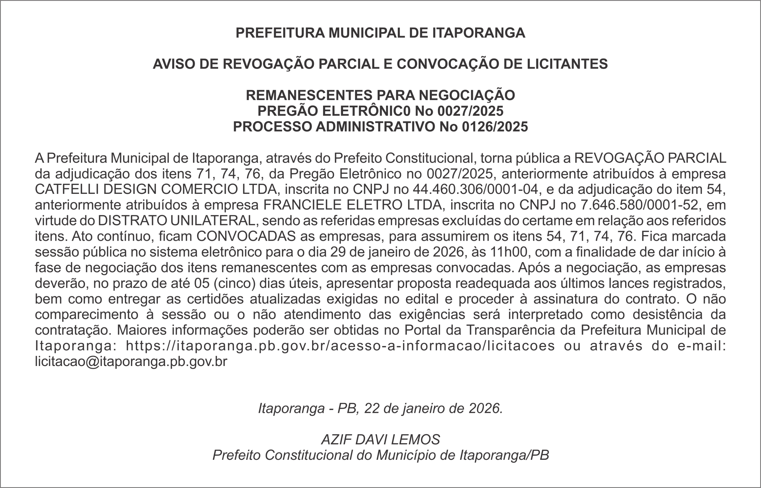PREFEITURA DE ITAPORANGA – AVISO DE REVOGAÇÃO PARCIAL E CONVOCAÇÃO DE LICITANTES  REMANESCENTES PARA NEGOCIAÇÃO