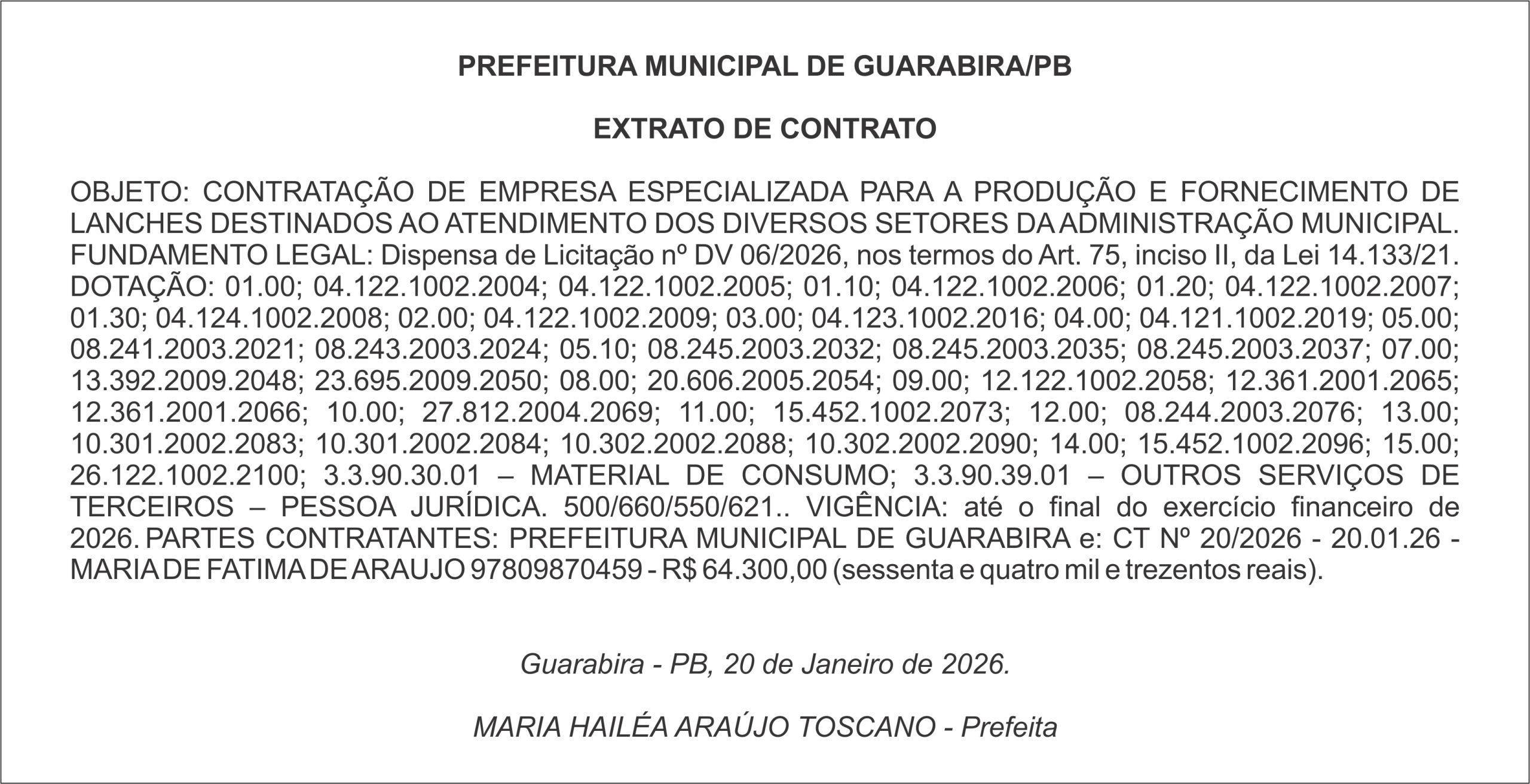 PREFEITURA MUNICIPAL DE GUARABIRA/PB – EXTRATO DE CONTRATO