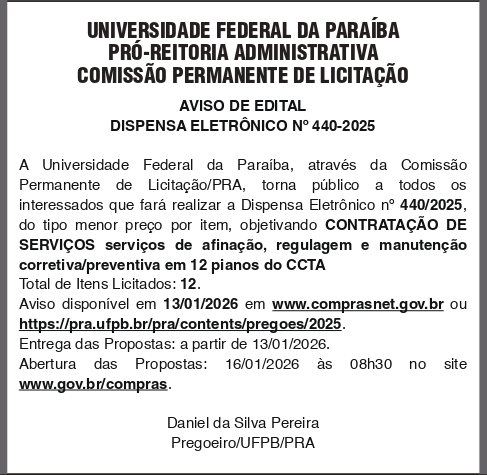 UNIVERSIDADE FEDERAL DA PARAIBA – DISPENSA ELETRÔNICO No 440-2025