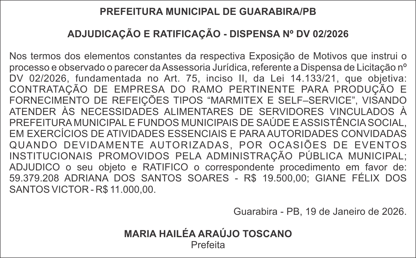 PREFEITURA MUNICIPAL DE GUARABIRA/PB – ADJUDICAÇÃO E RATIFICAÇÃO – DISPENSA Nº DV 02/2026