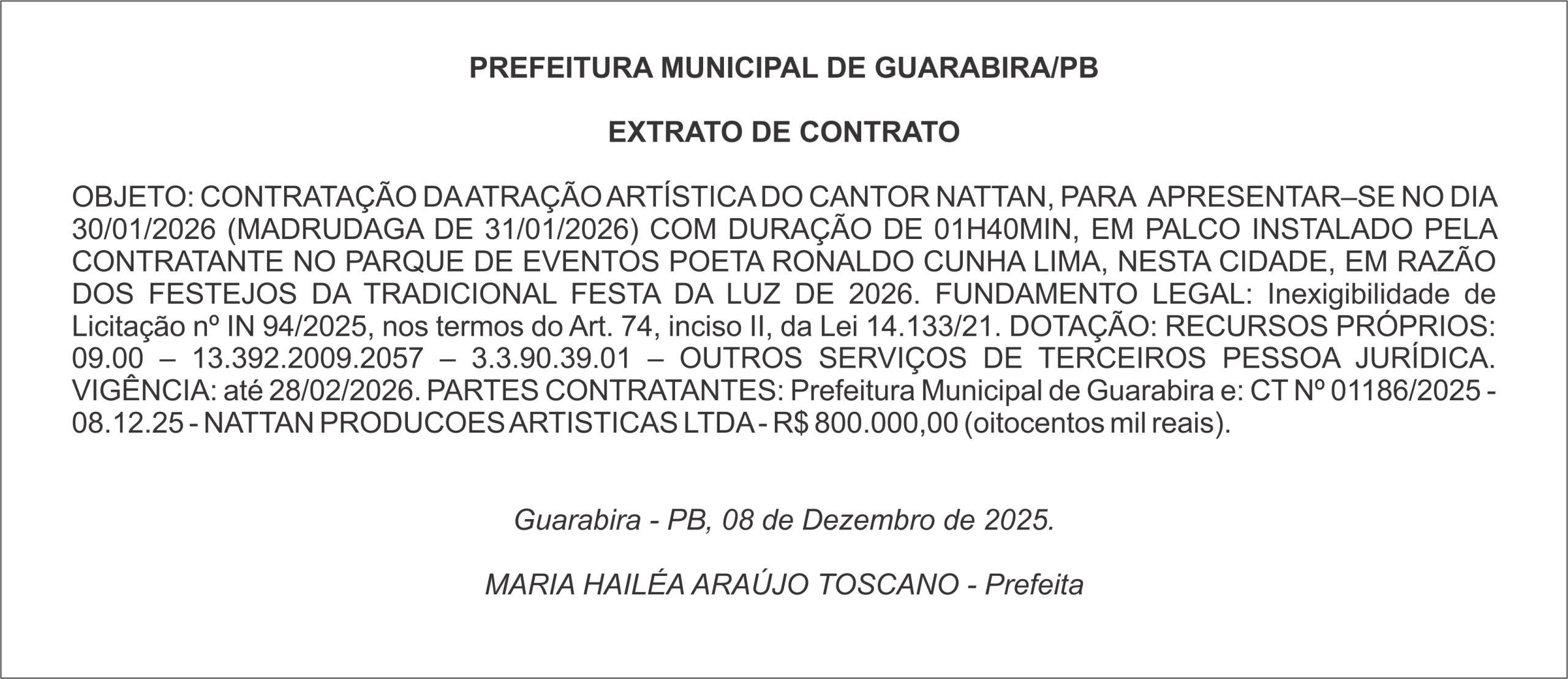 PREFEITURA MUNICIPAL DE GUARABIRA/PB – EXTRATO DE CONTRATO