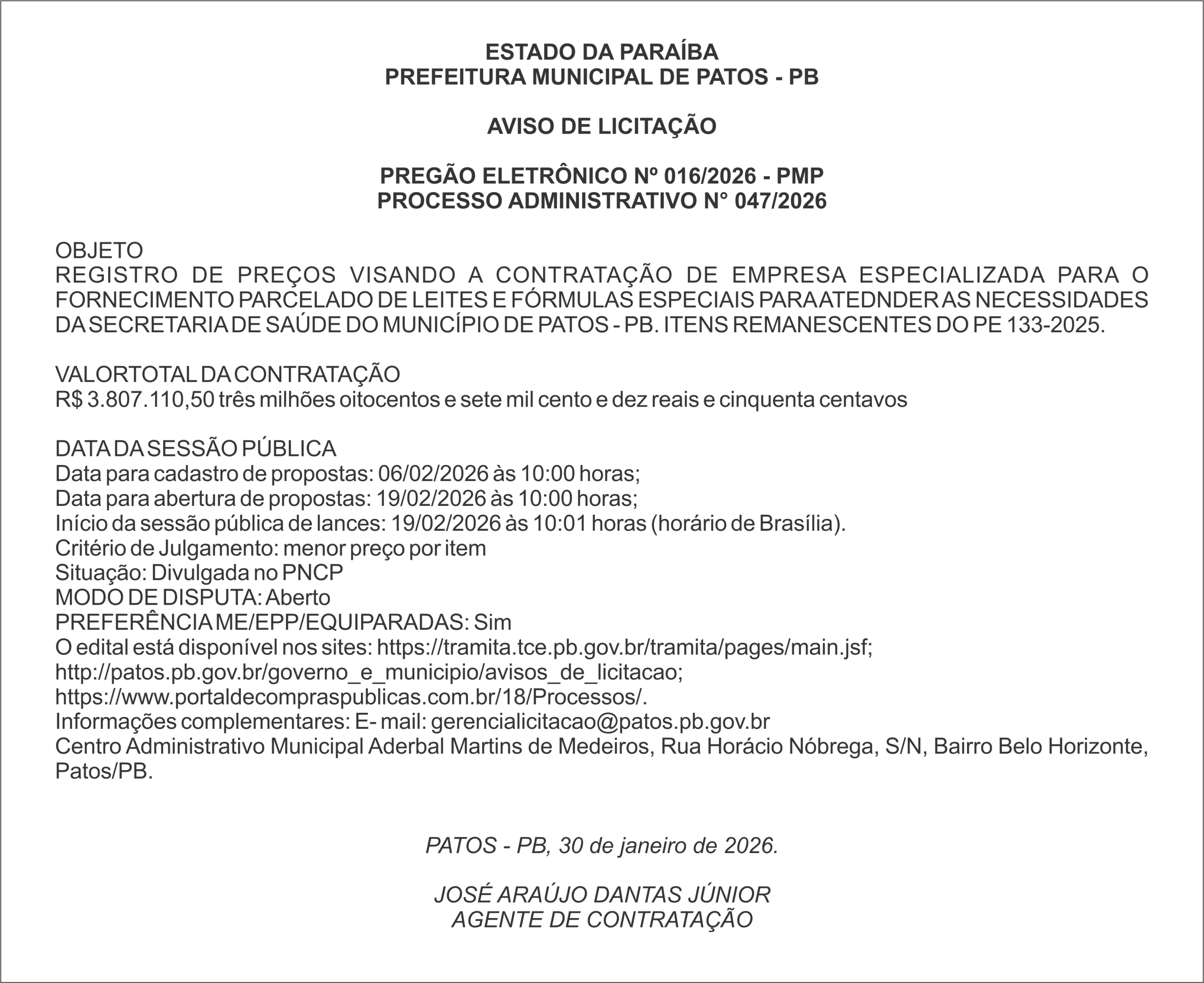 PREFEITURA MUNICIPAL DE PATOS – PB – PREGÃO ELETRÔNICO Nº 016/2026 – PMP